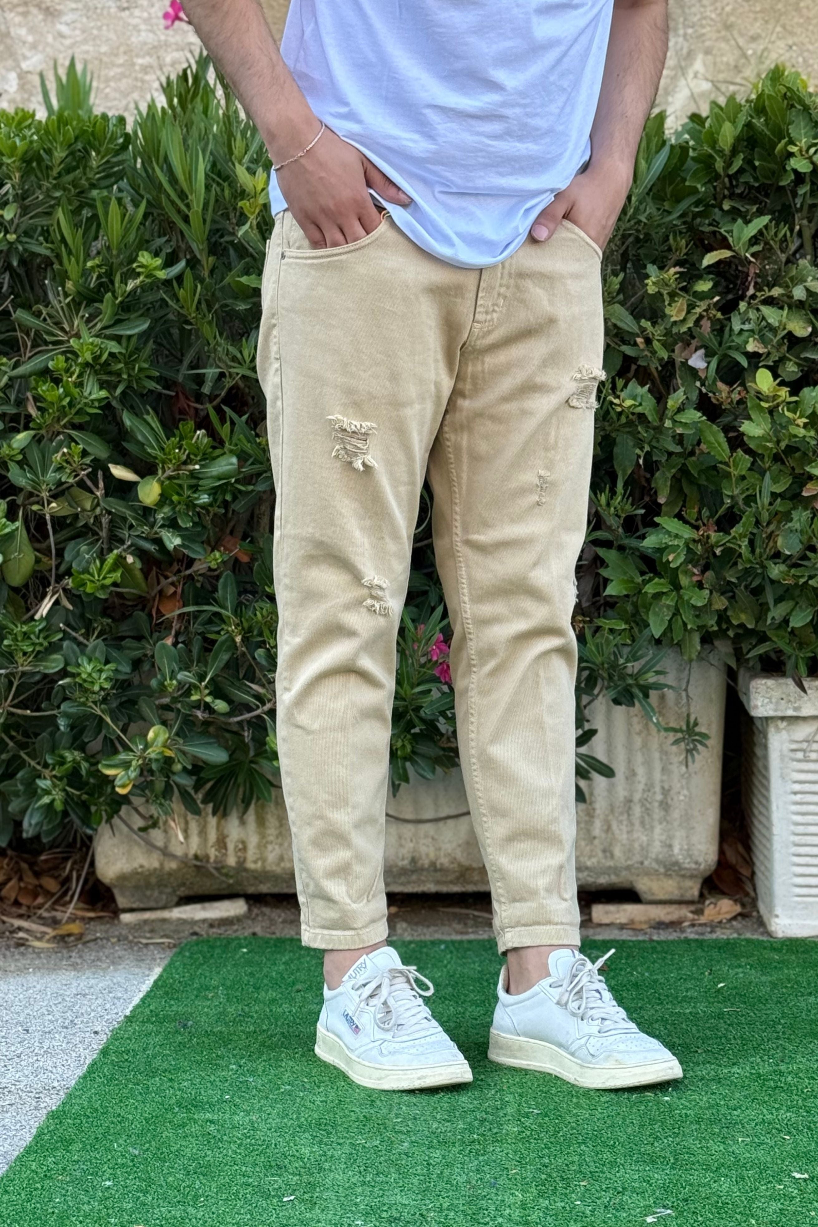 Jeans Strappato Beige