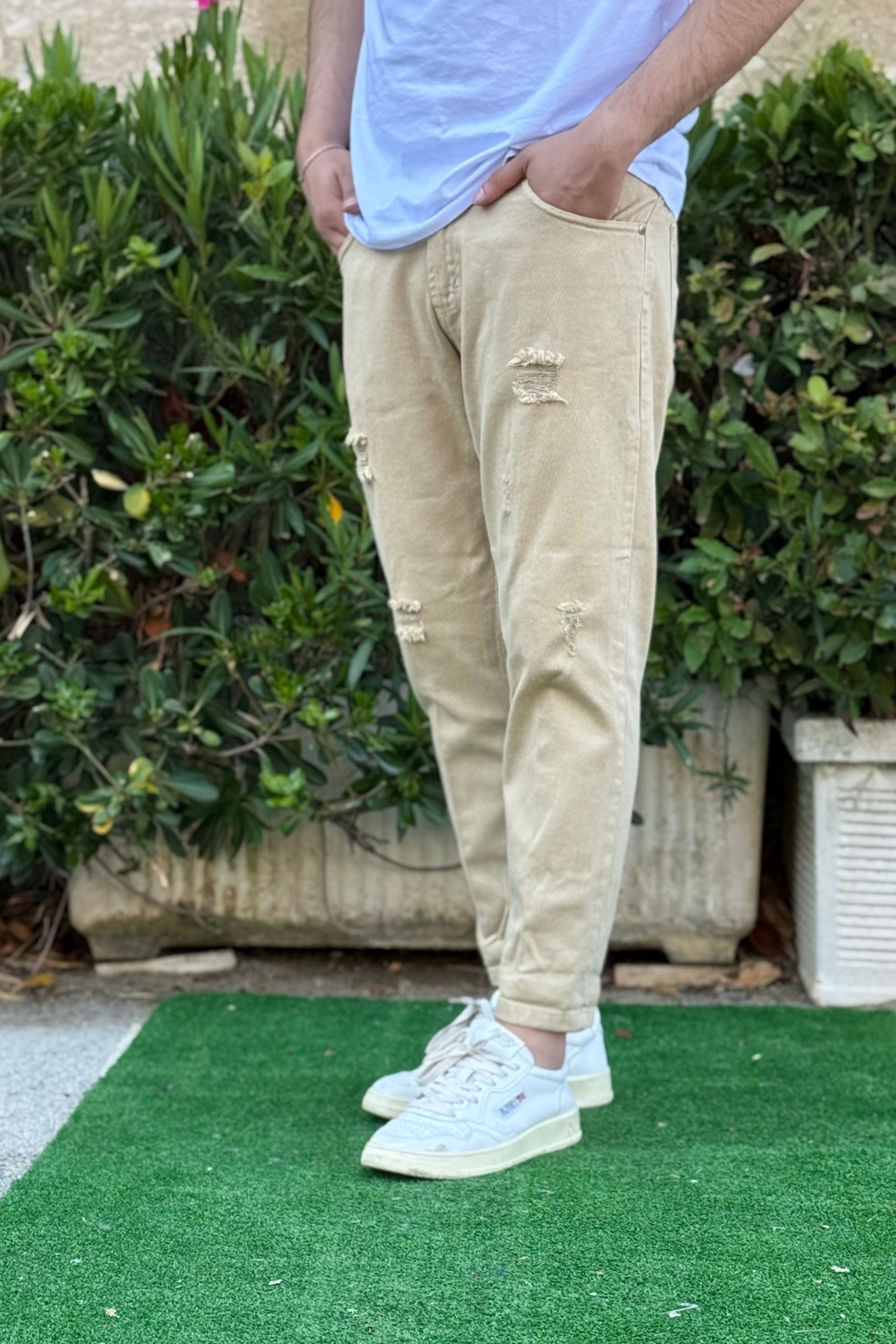 Jeans Strappato Beige