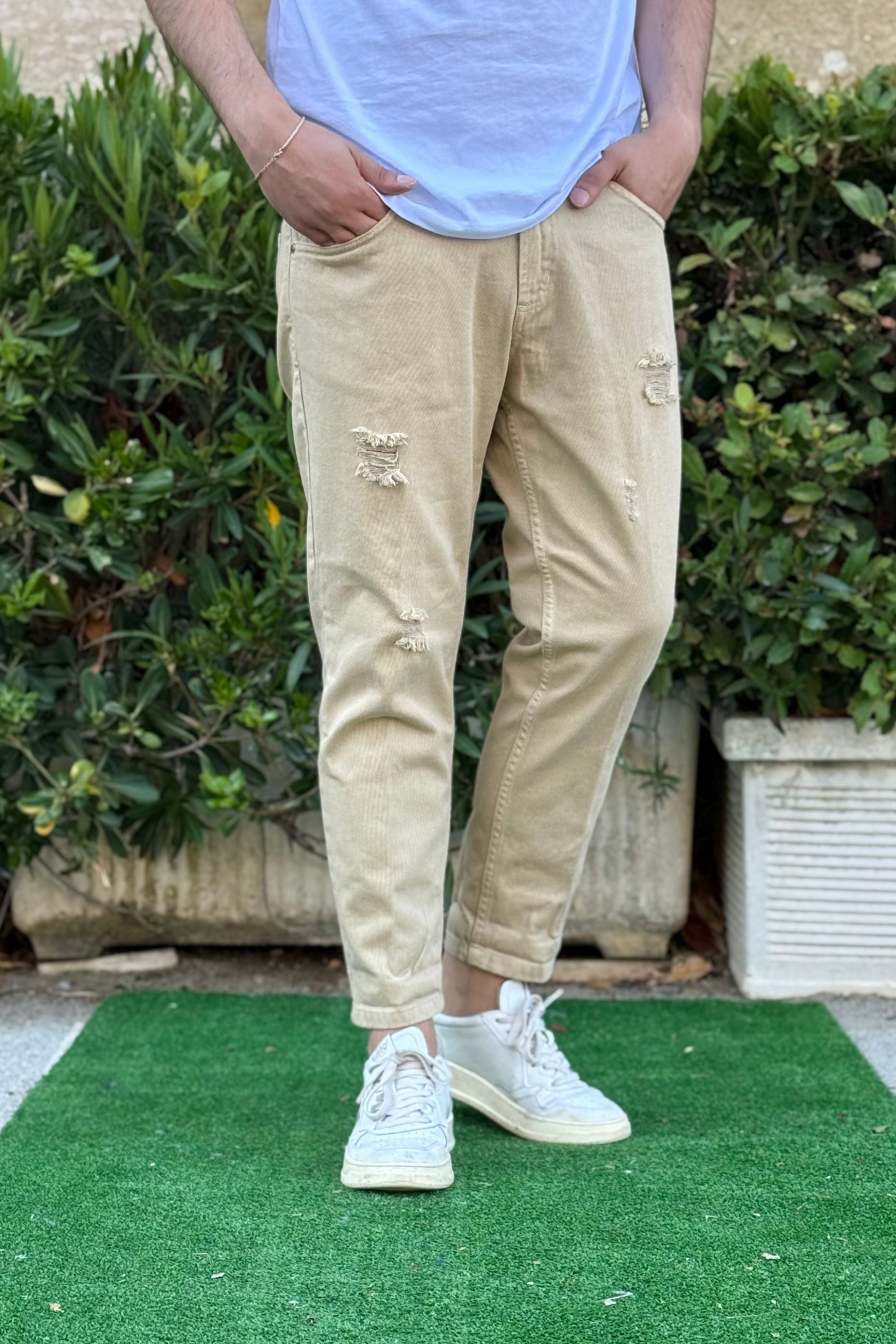 Jeans Strappato Beige