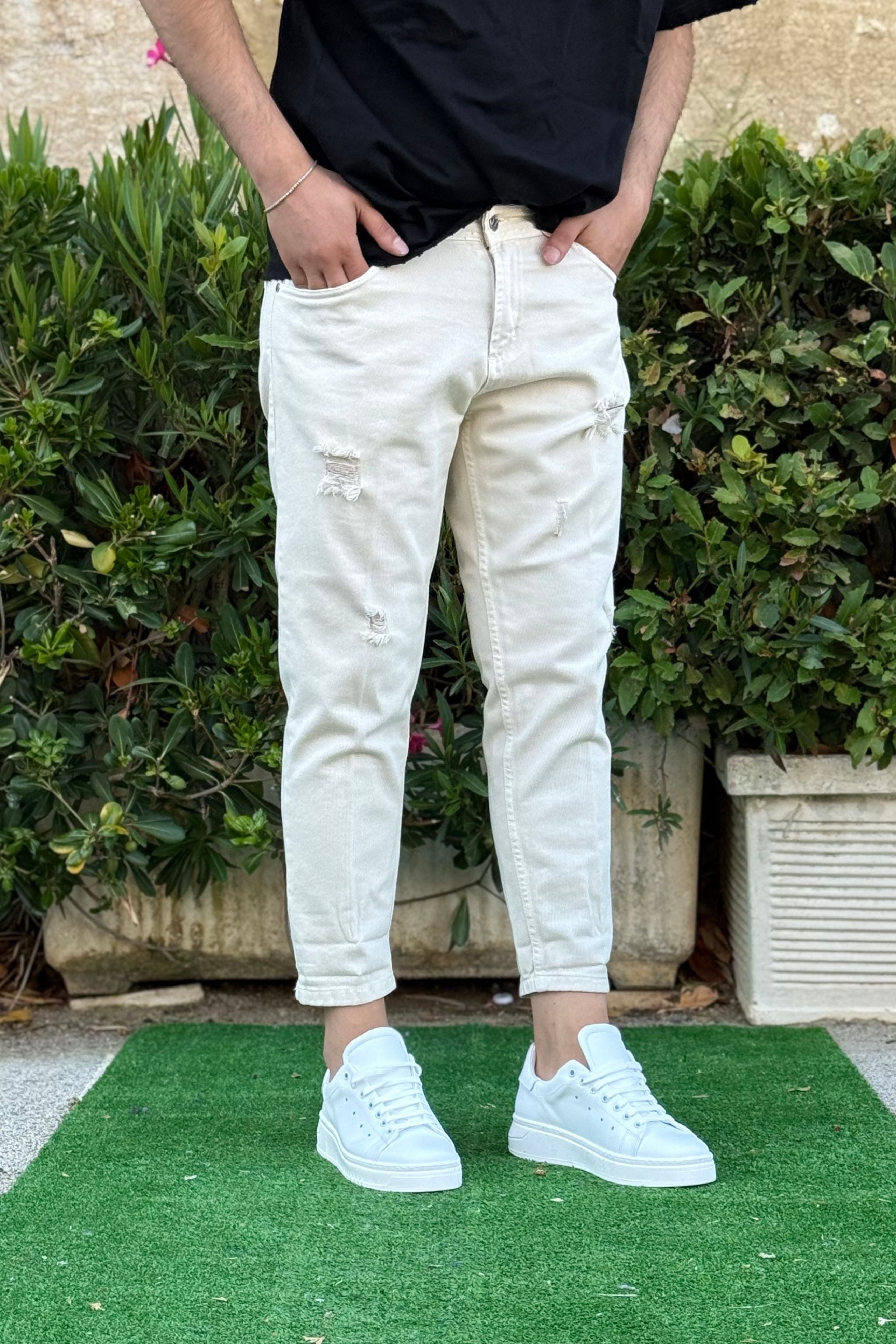 Jeans Strappato Burro