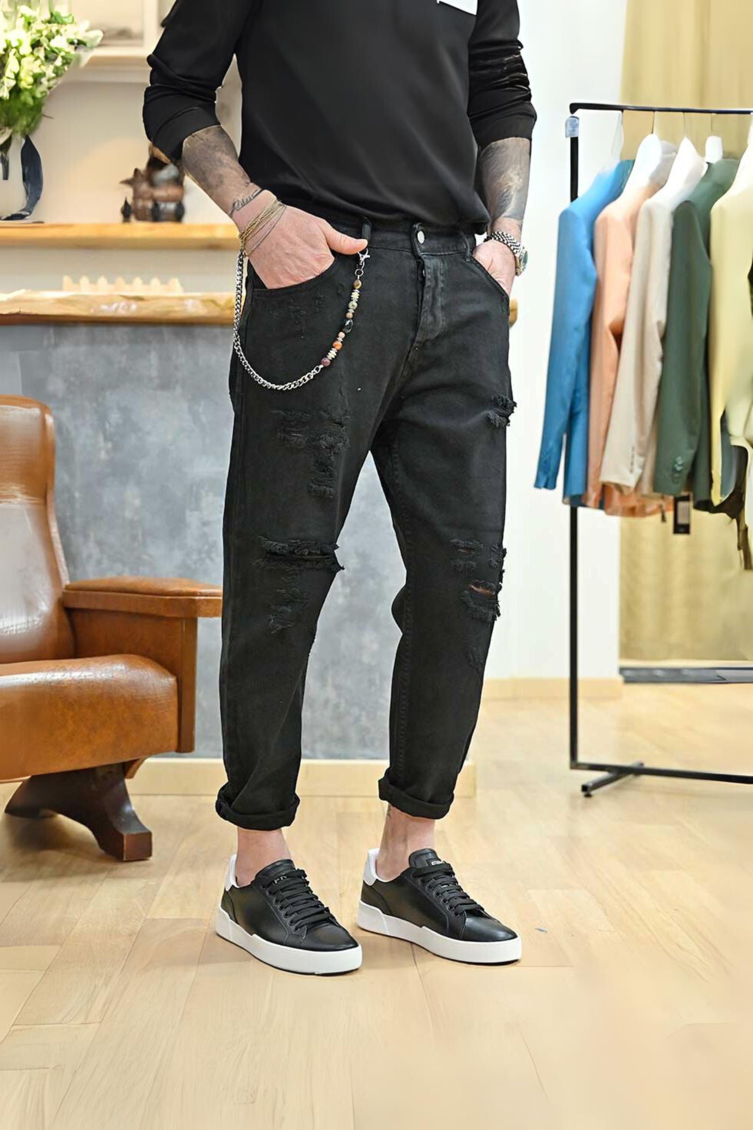 Jeans Nero A Strappi