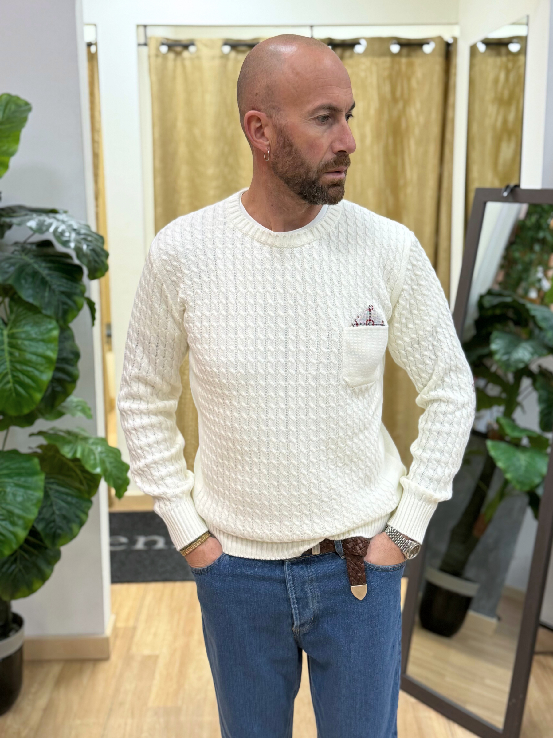 Maglioncino Con Treccia E Taschino Panna