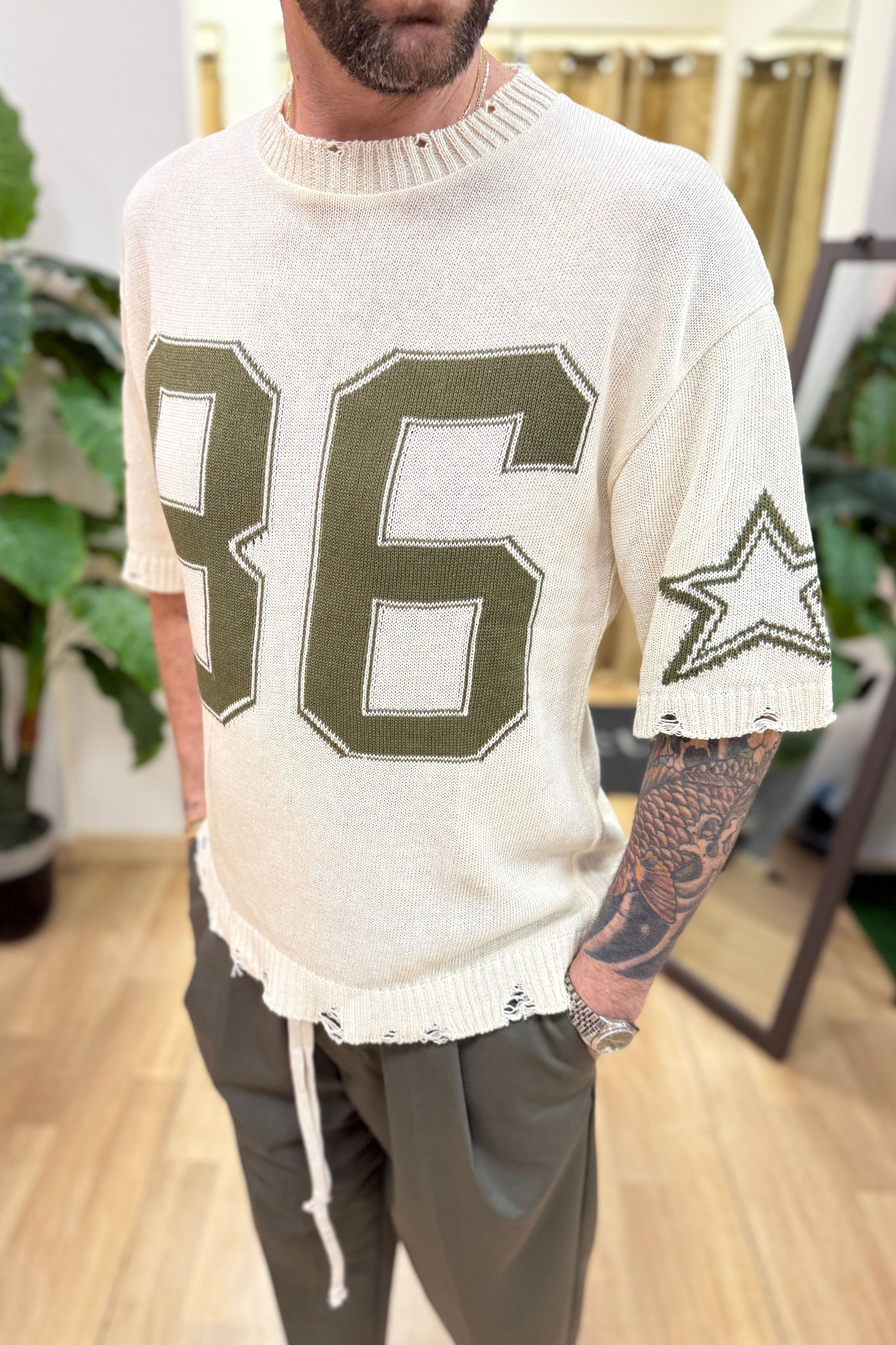 T-Shirt In Filo Star86 Panna