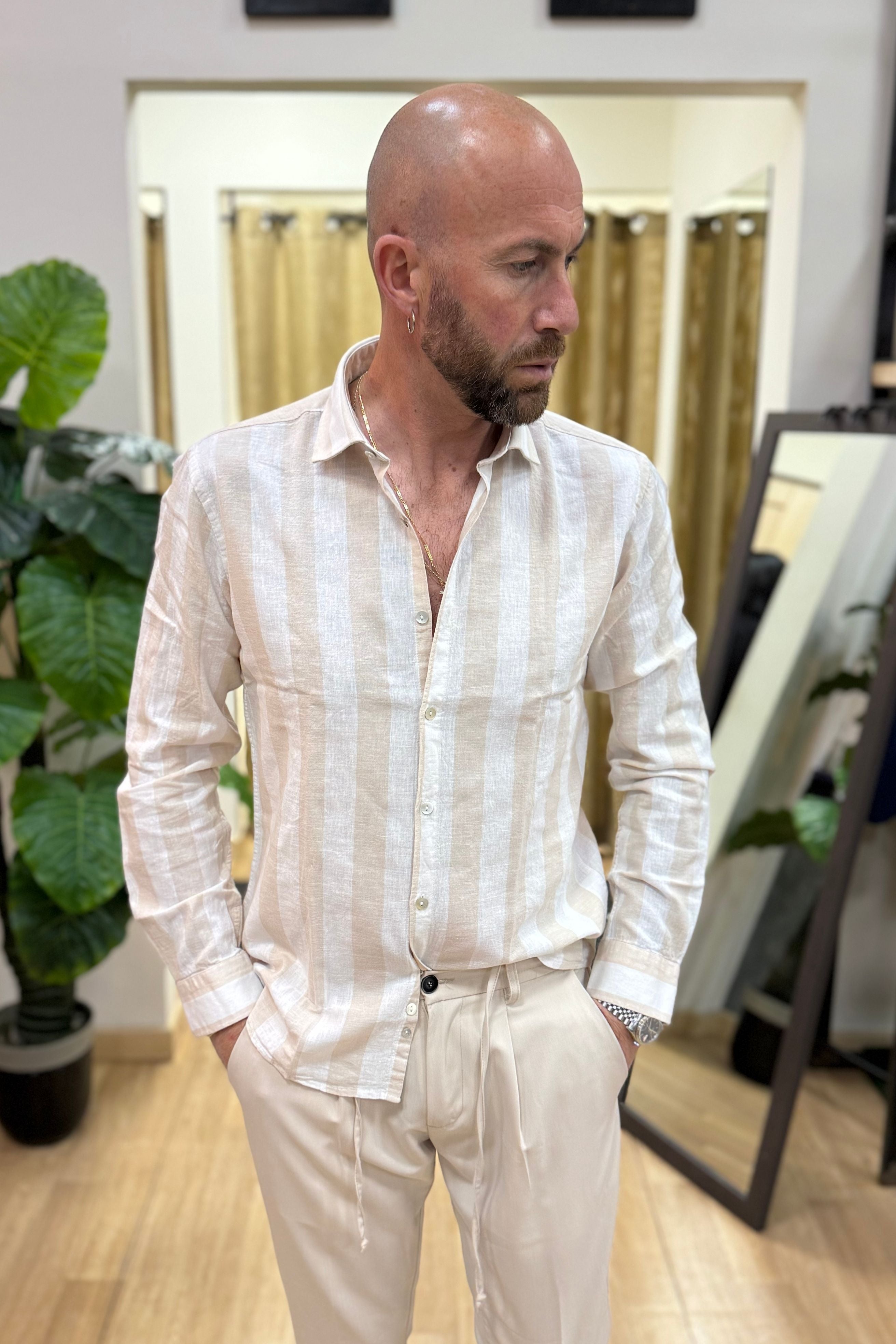 Camicia In Lino Rigata BLKS Beige