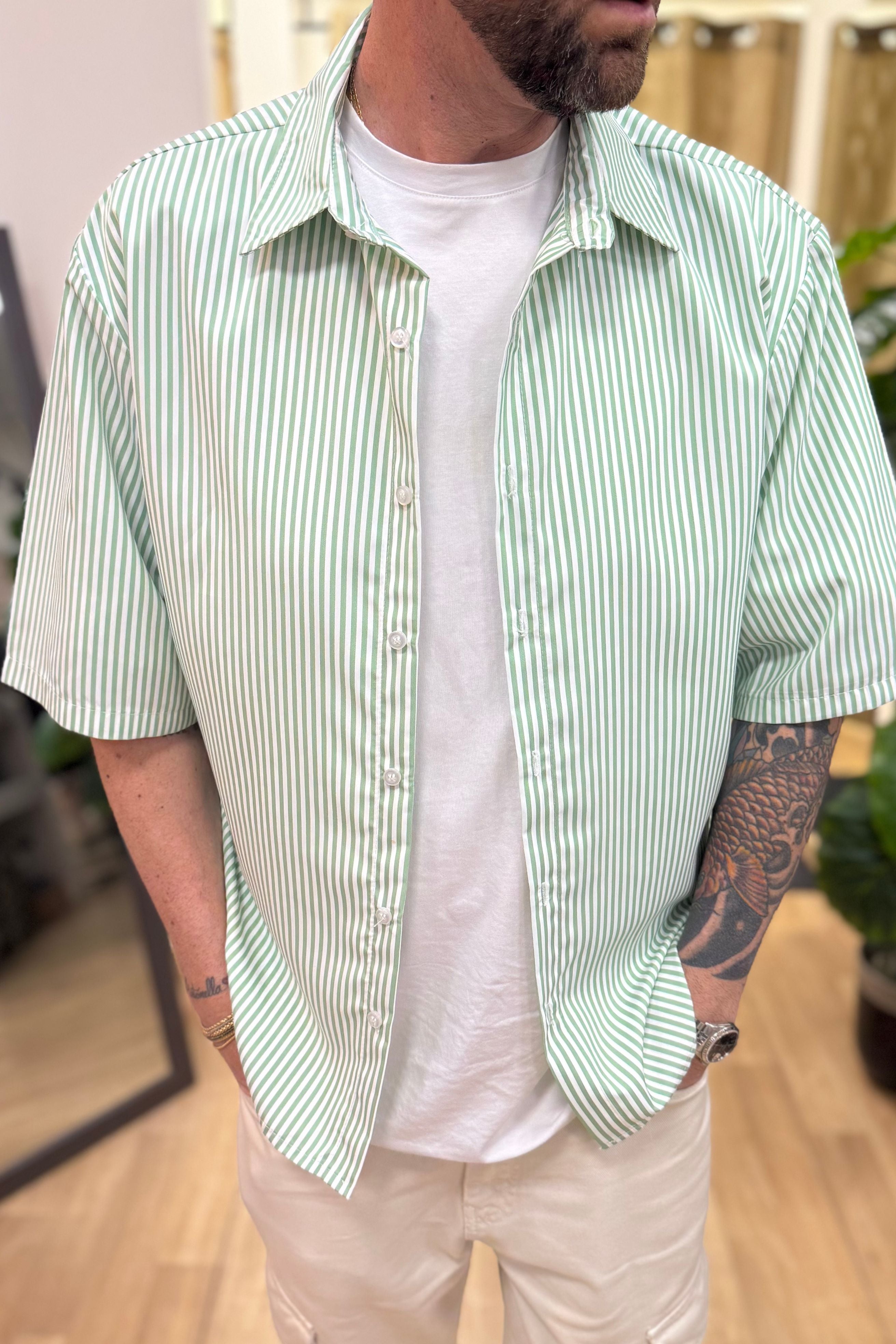 Camicia Mezza Manica Rigata Verde
