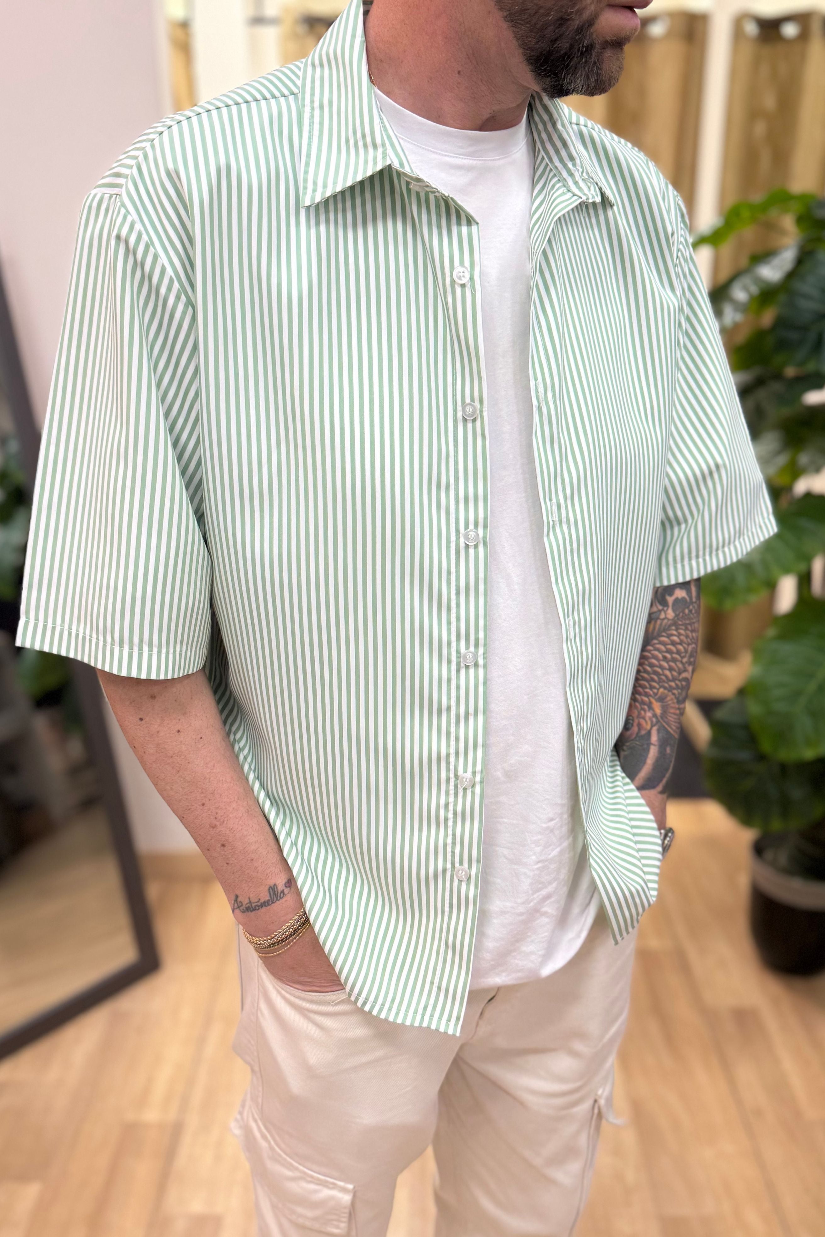 Camicia Mezza Manica Rigata Verde
