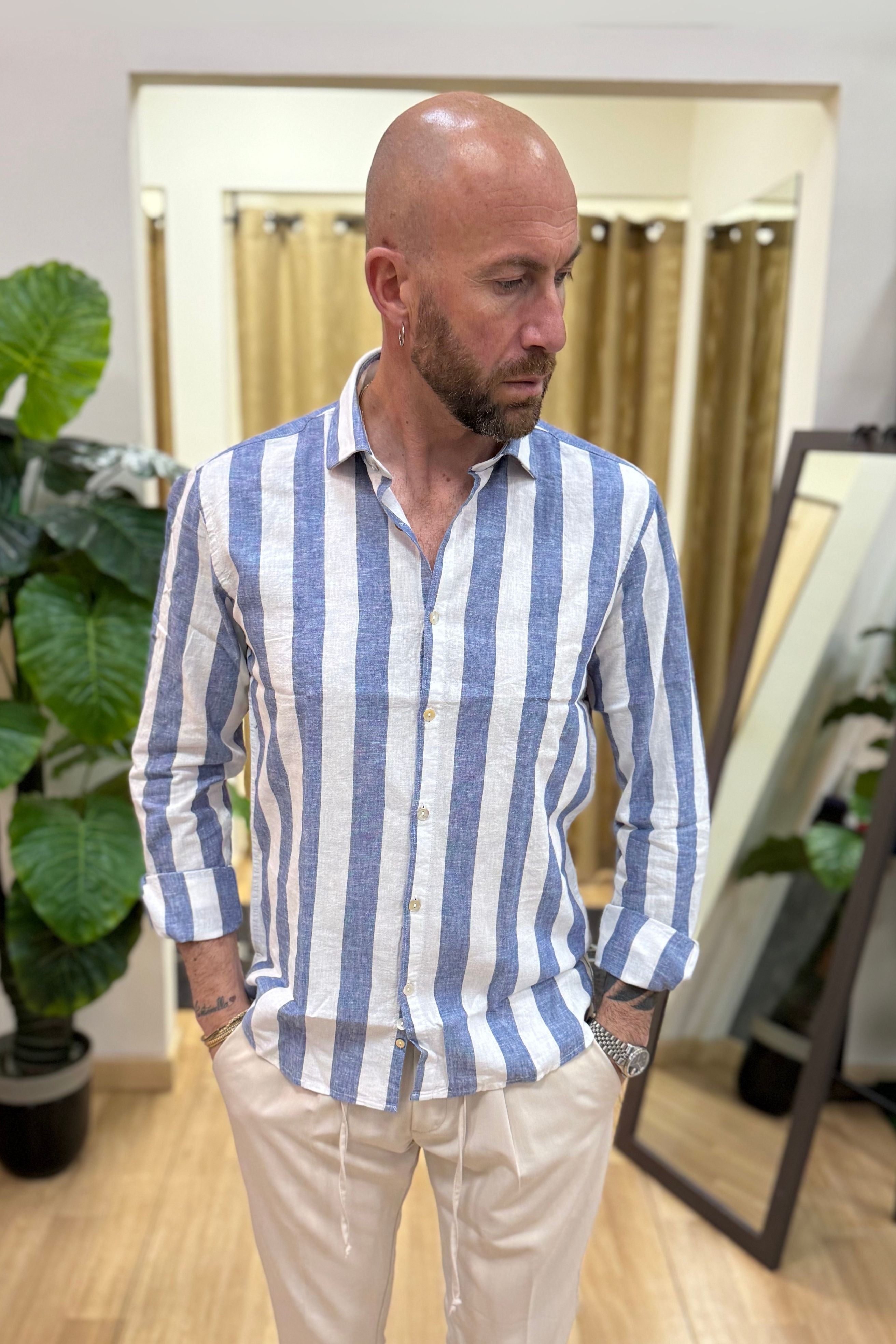Camicia In Lino Rigata BLKS Blu
