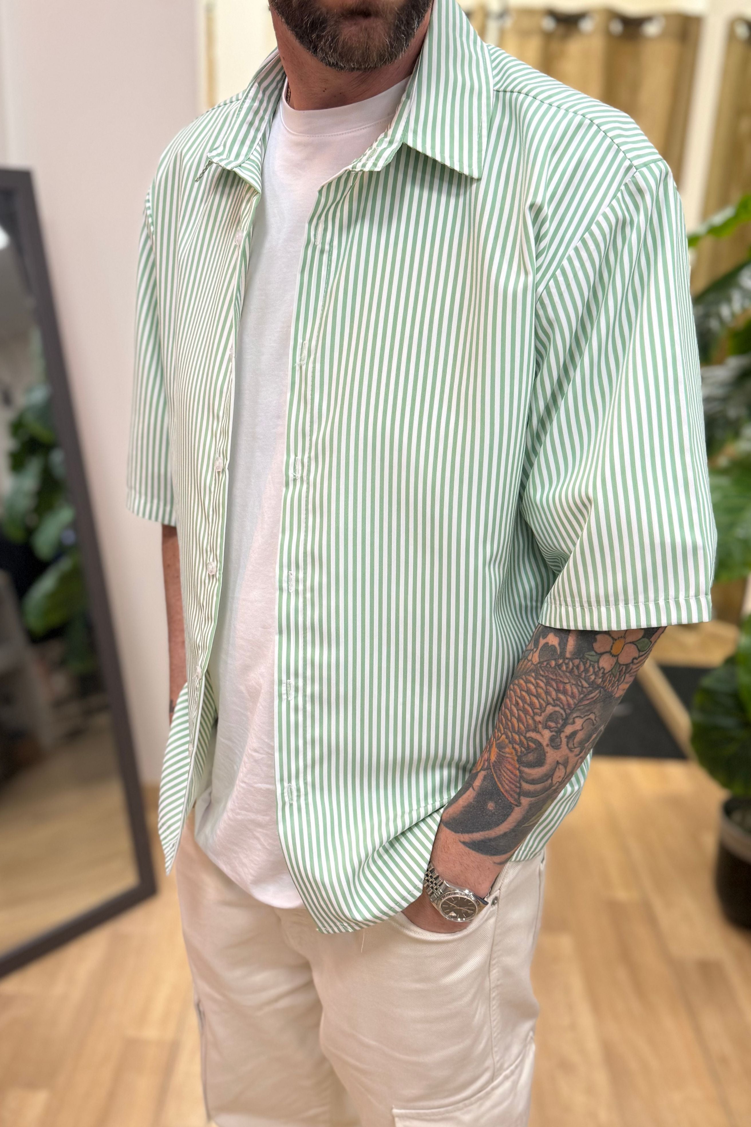 Camicia Mezza Manica Rigata Verde