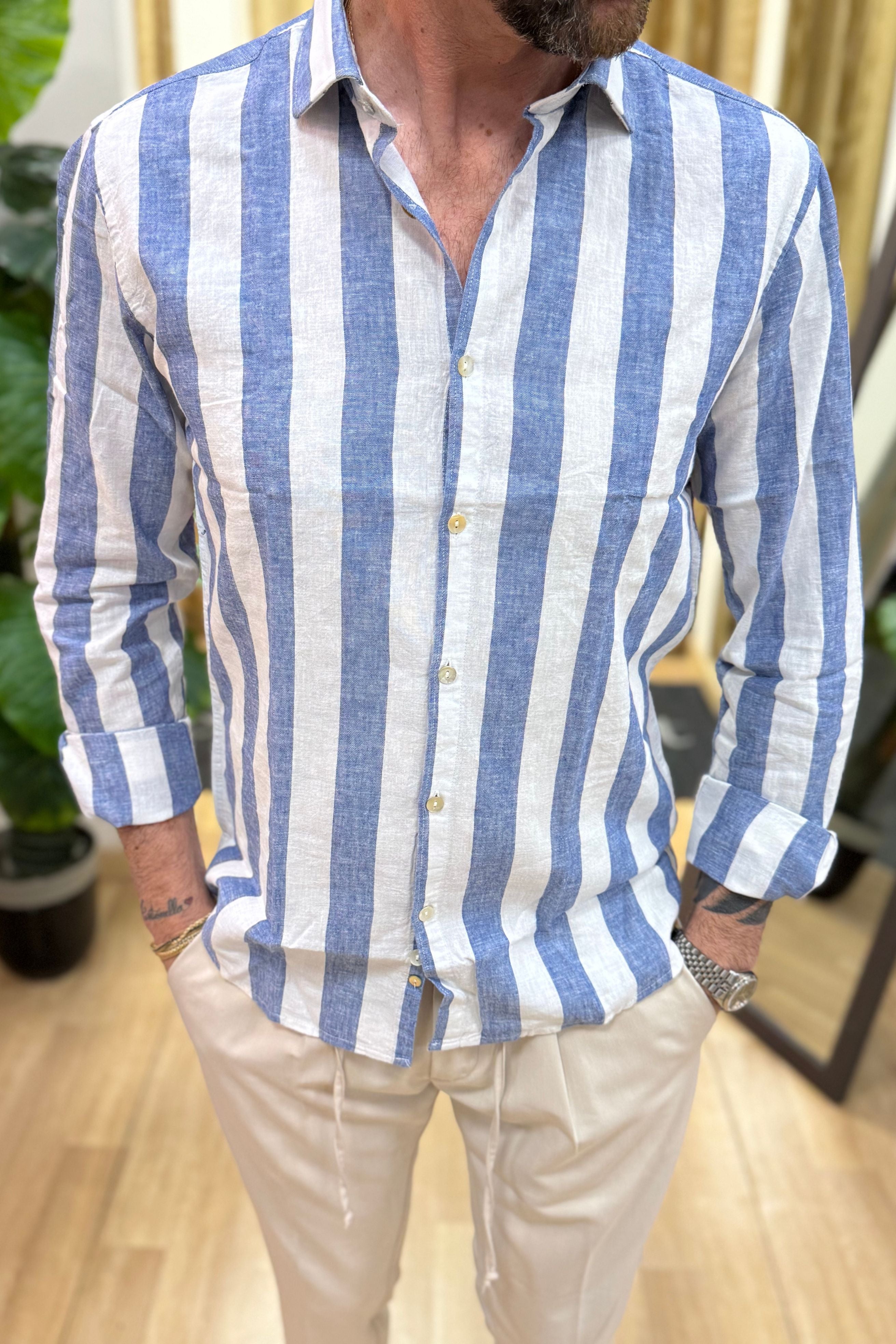 Camicia In Lino Rigata BLKS Blu