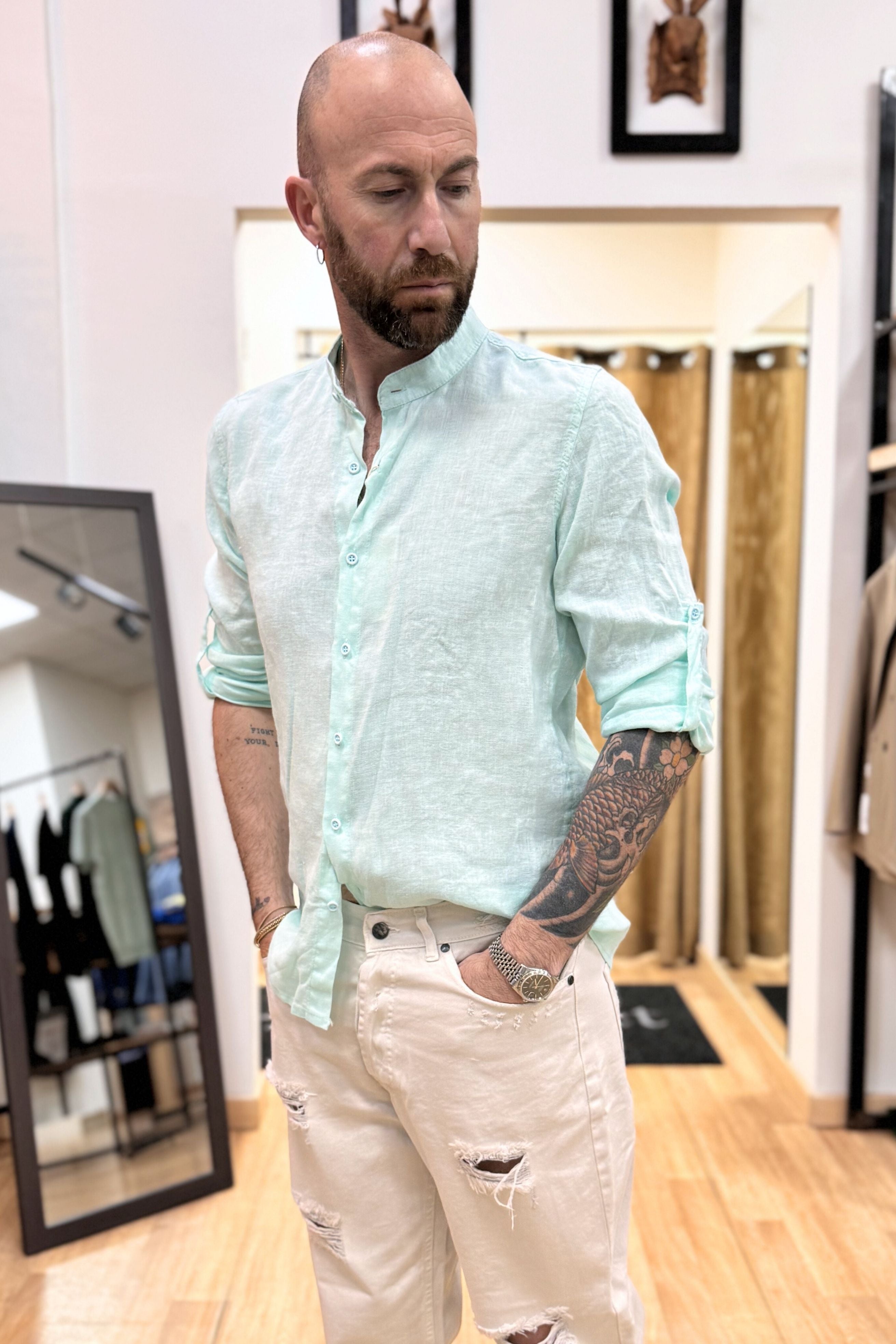 Camicia In Lino Koreana Verde Acqua