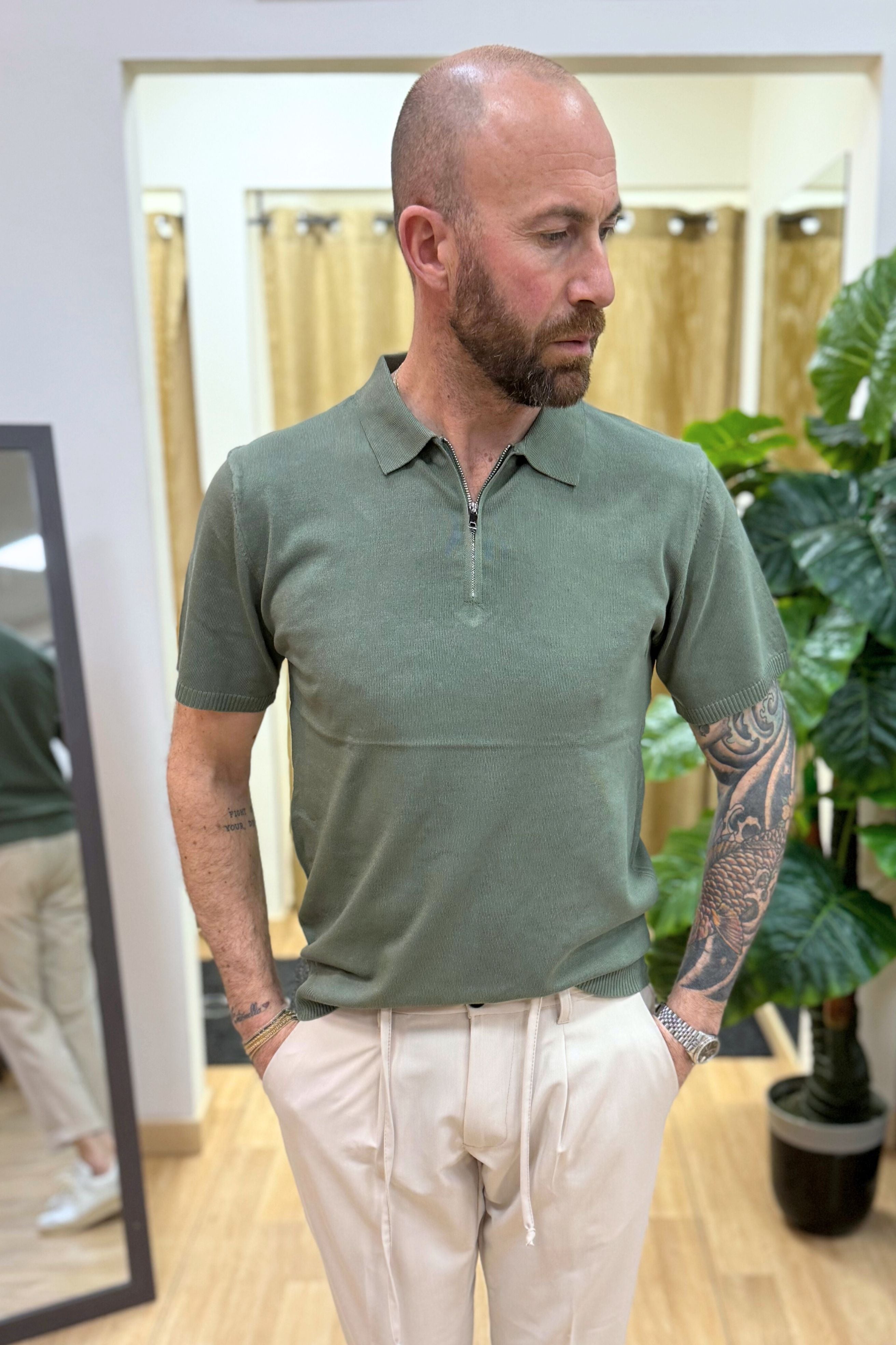 Polo In Filo Con Zip Verdone