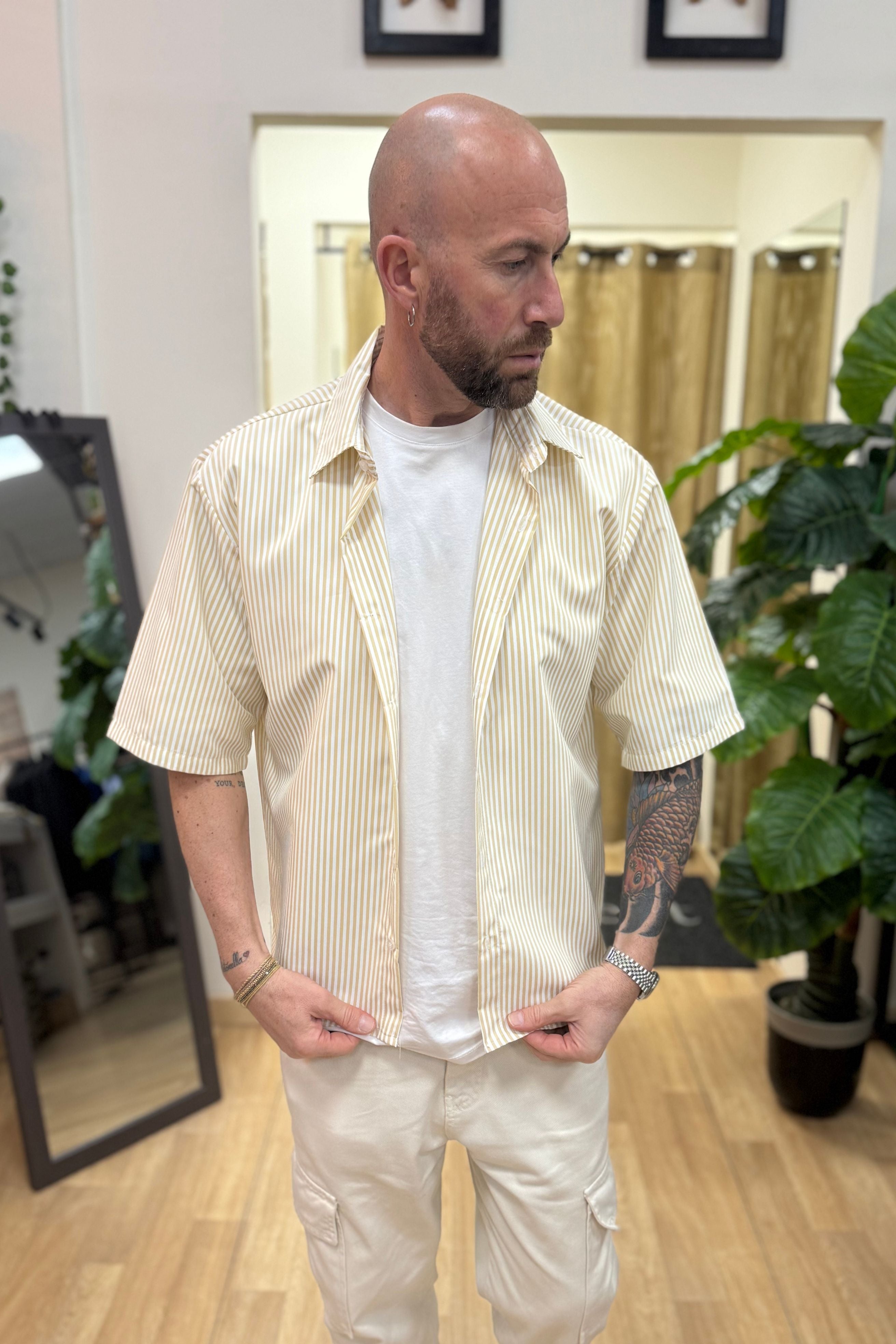 Camicia Mezza Manica Rigata Beige
