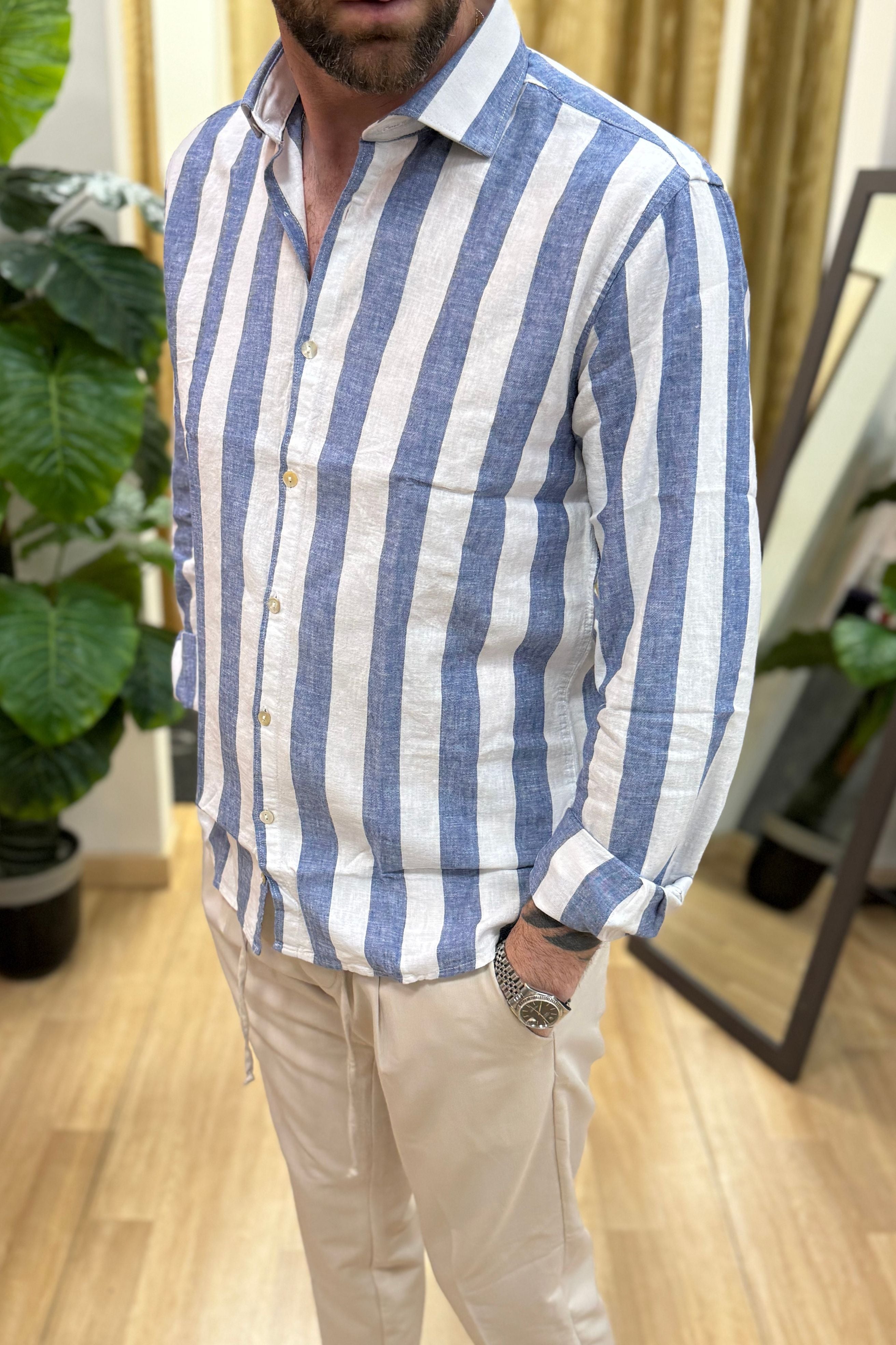 Camicia In Lino Rigata BLKS Blu