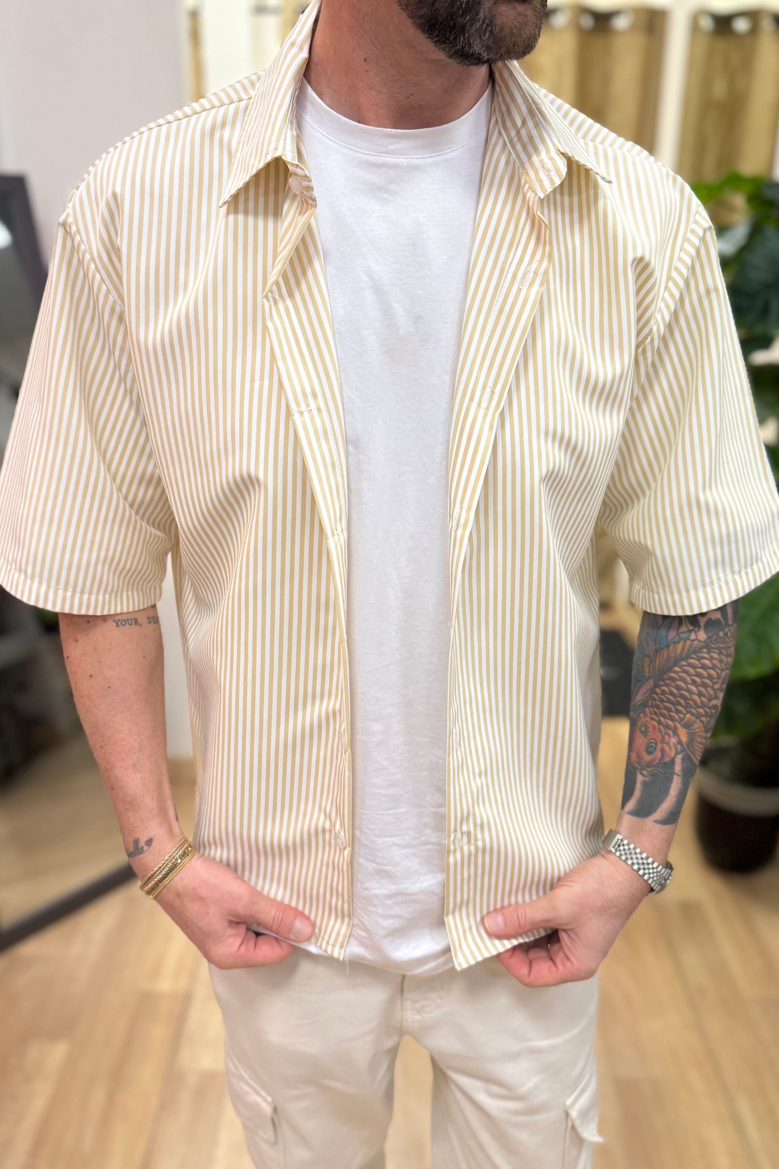 Camicia Mezza Manica Rigata Beige