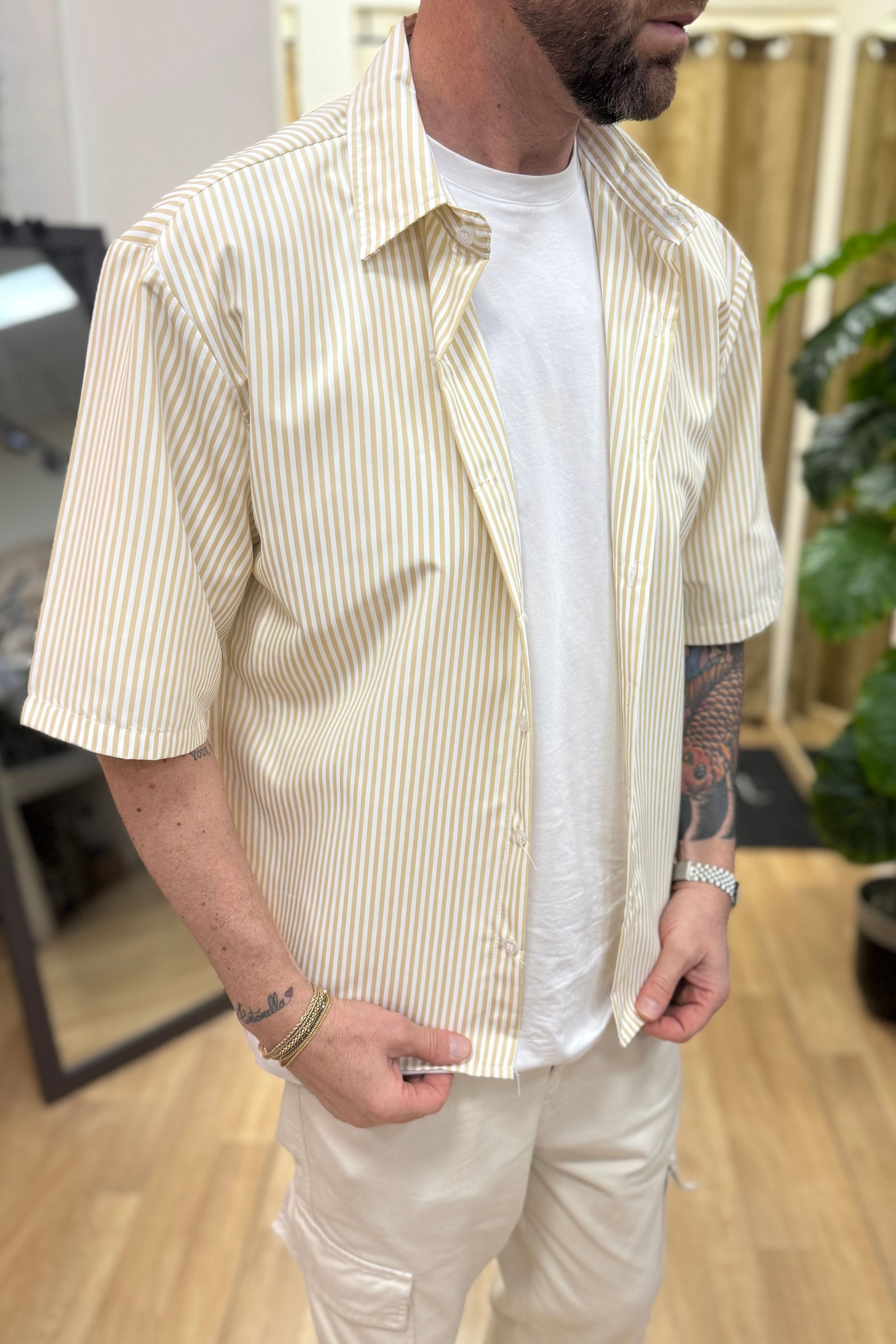 Camicia Mezza Manica Rigata Beige