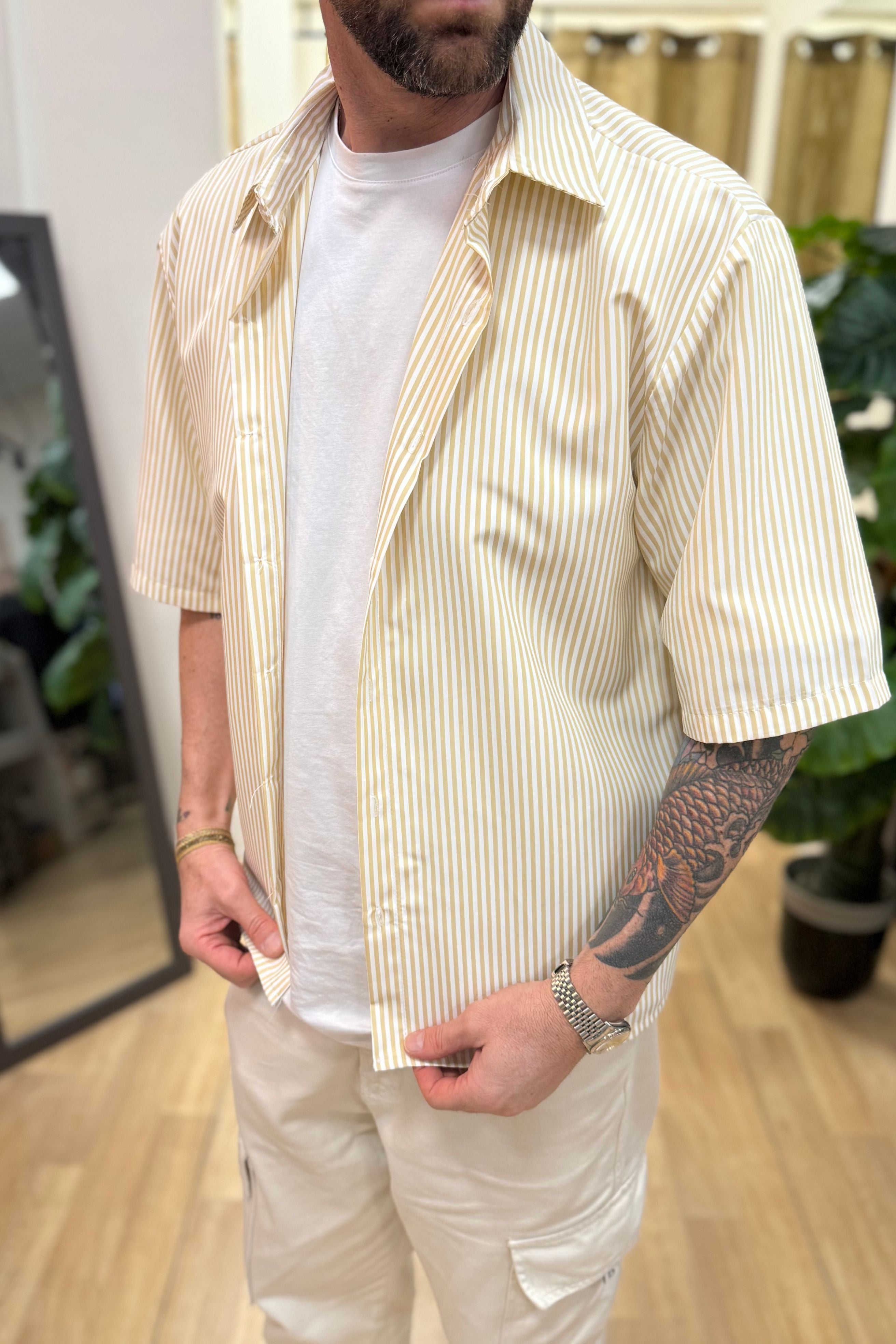 Camicia Mezza Manica Rigata Beige