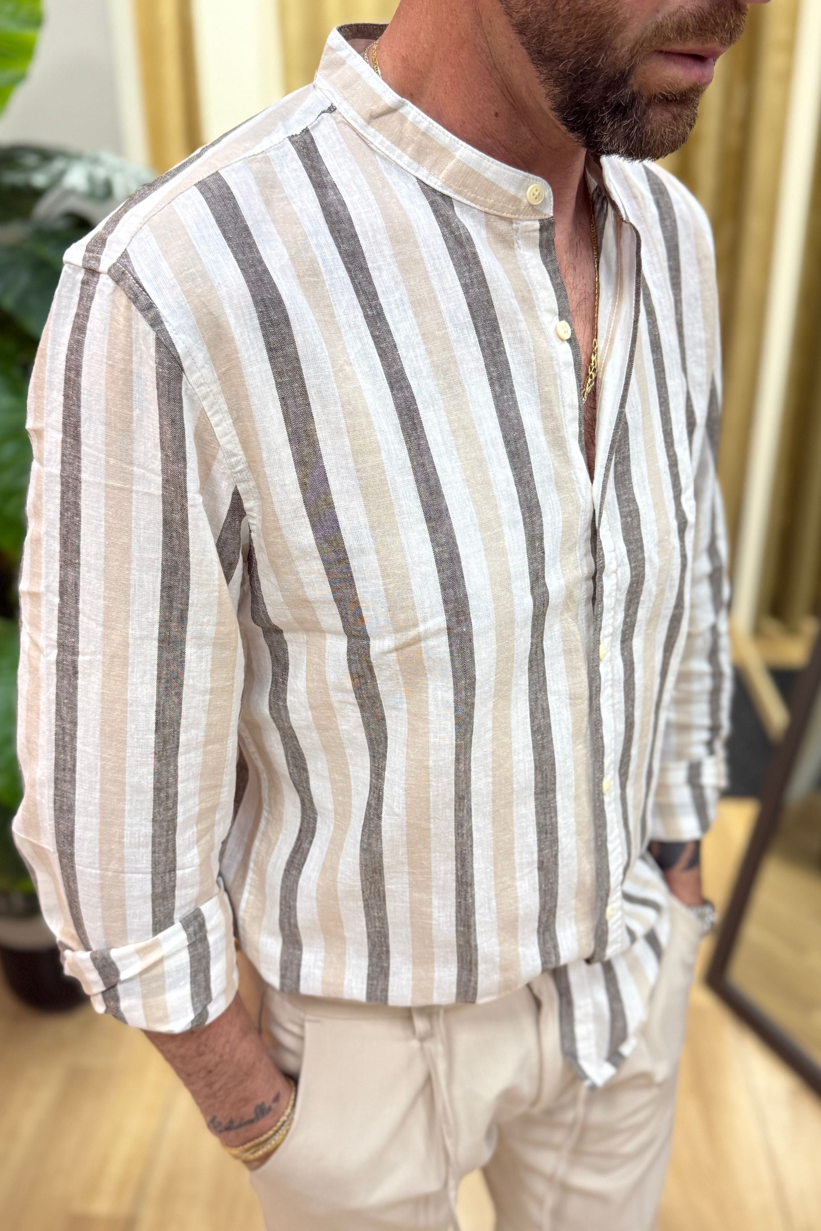 Camicia Lino Rigata Beige