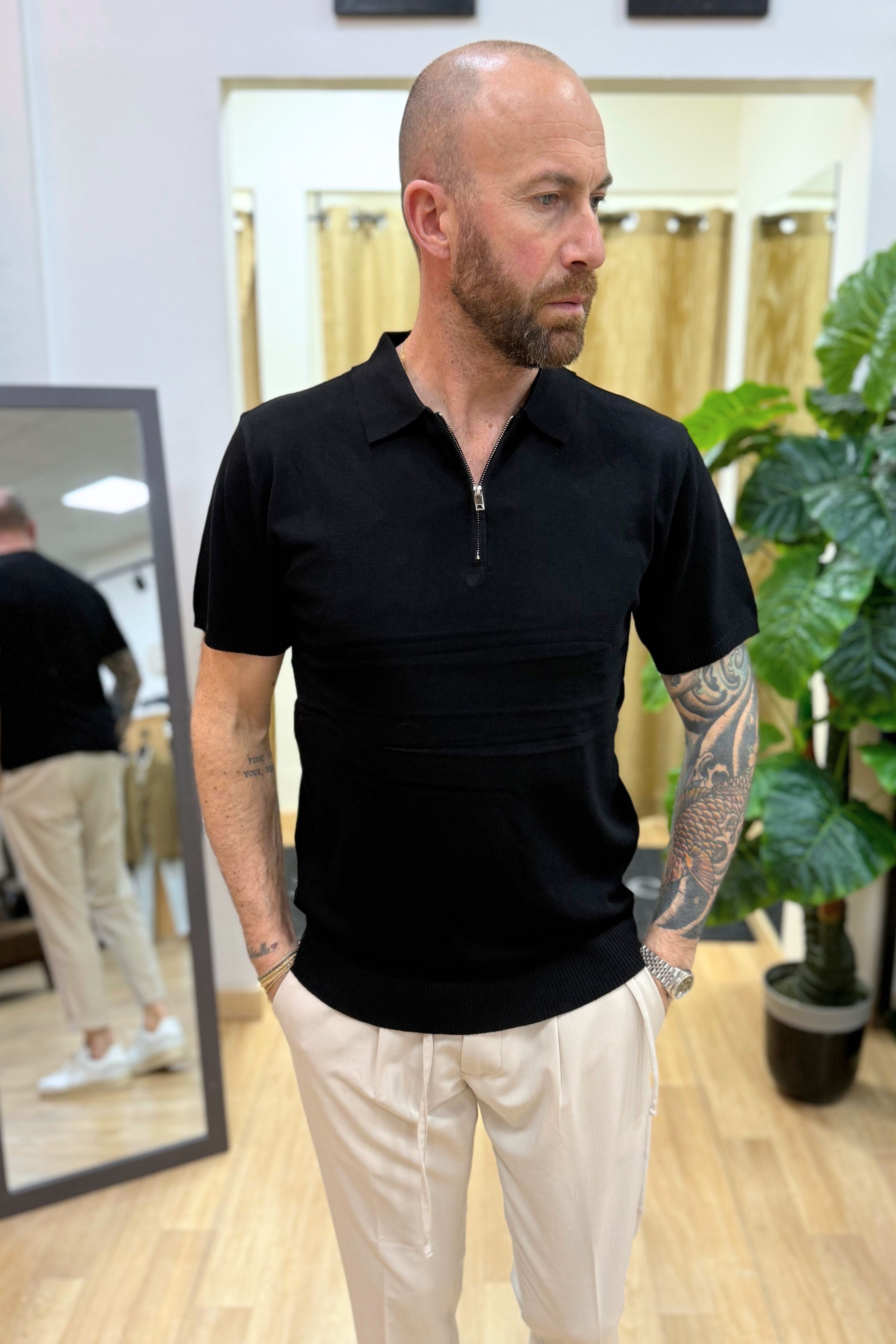 Polo In Filo Con Zip Nero