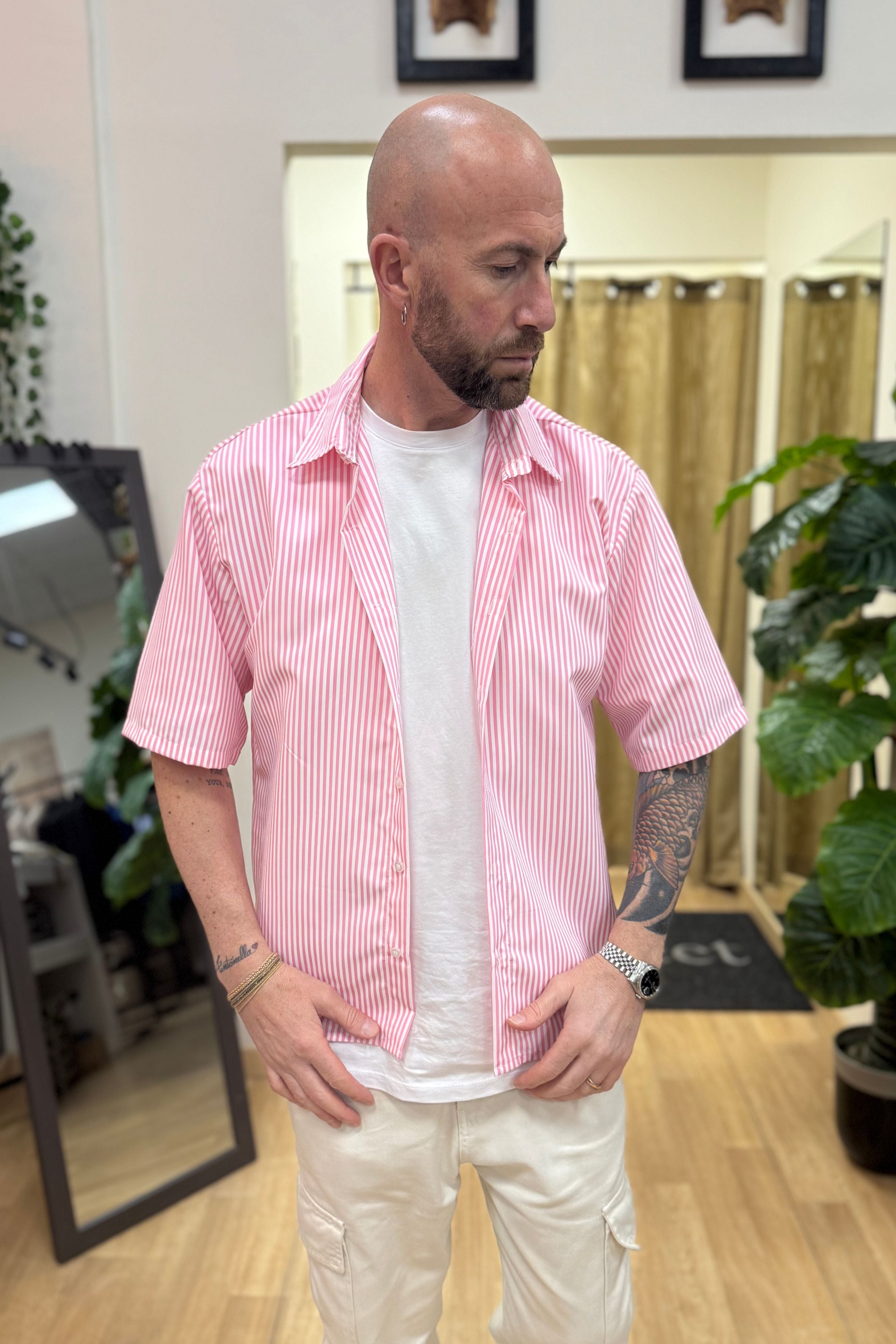 Camicia Mezza Manica Rigata Rosa