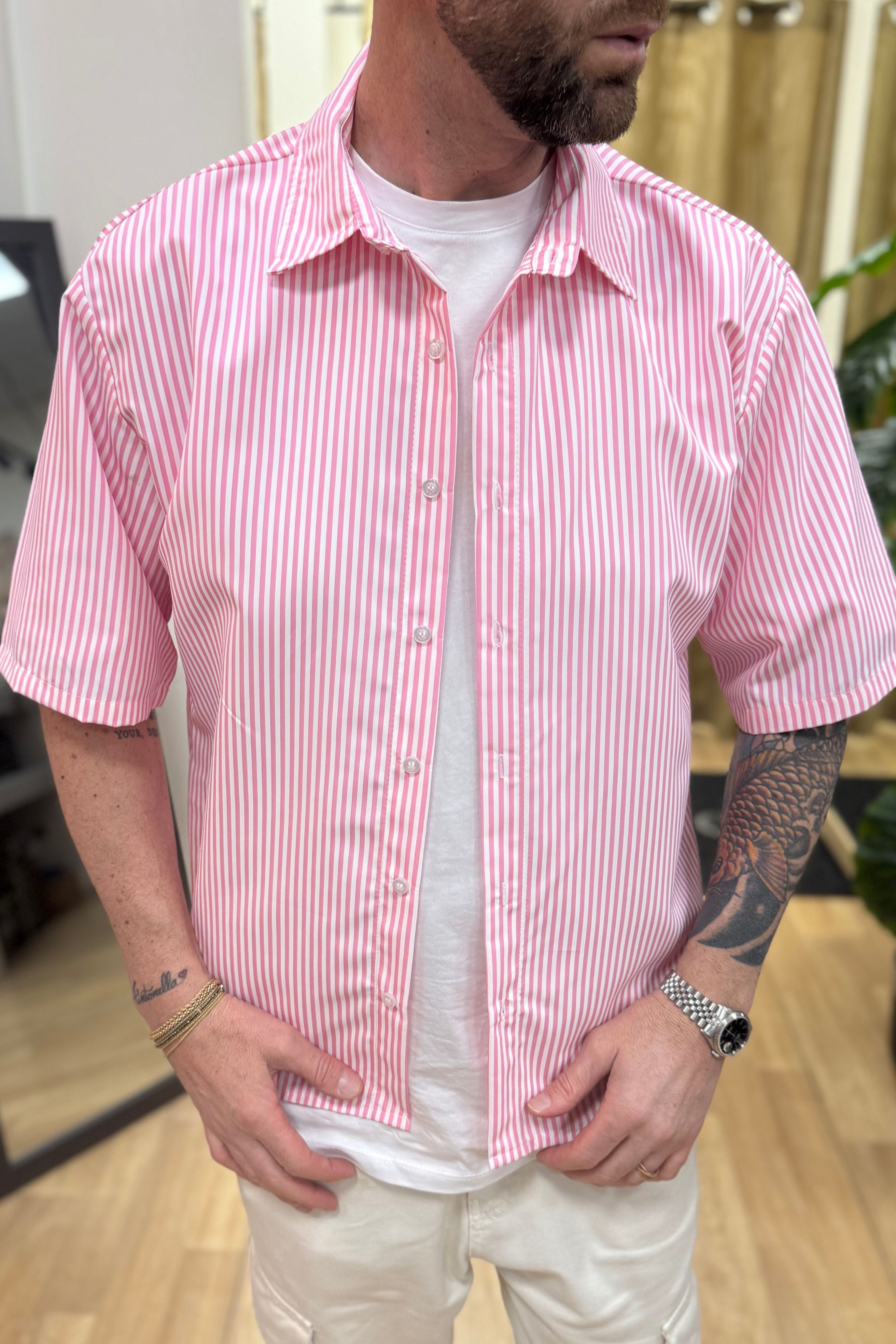 Camicia Mezza Manica Rigata Rosa