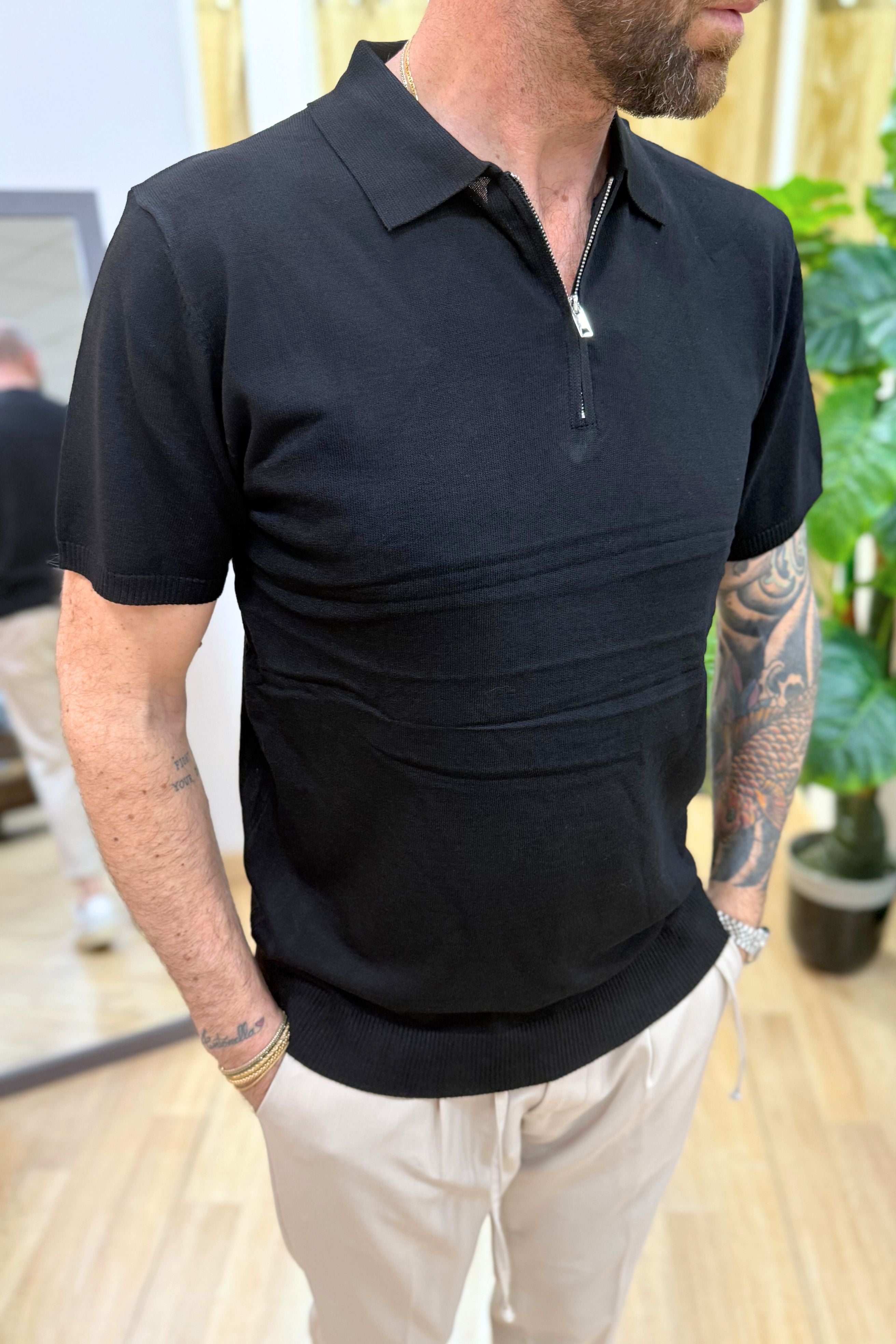 Polo In Filo Con Zip Nero