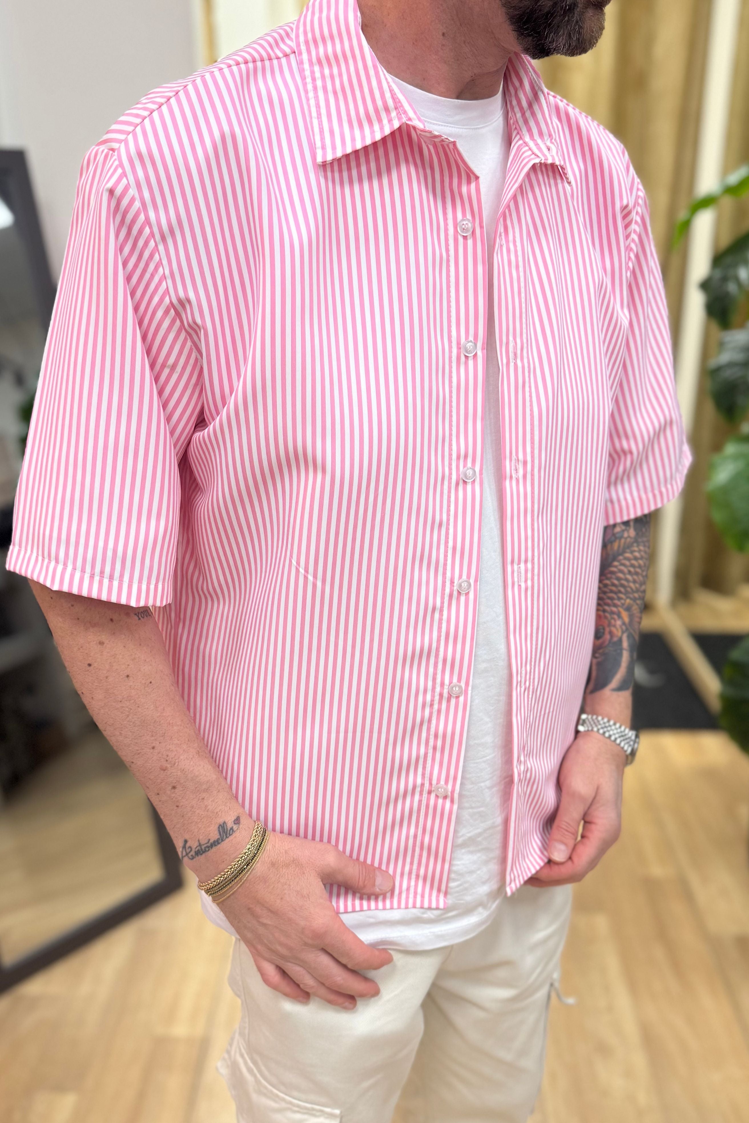 Camicia Mezza Manica Rigata Rosa
