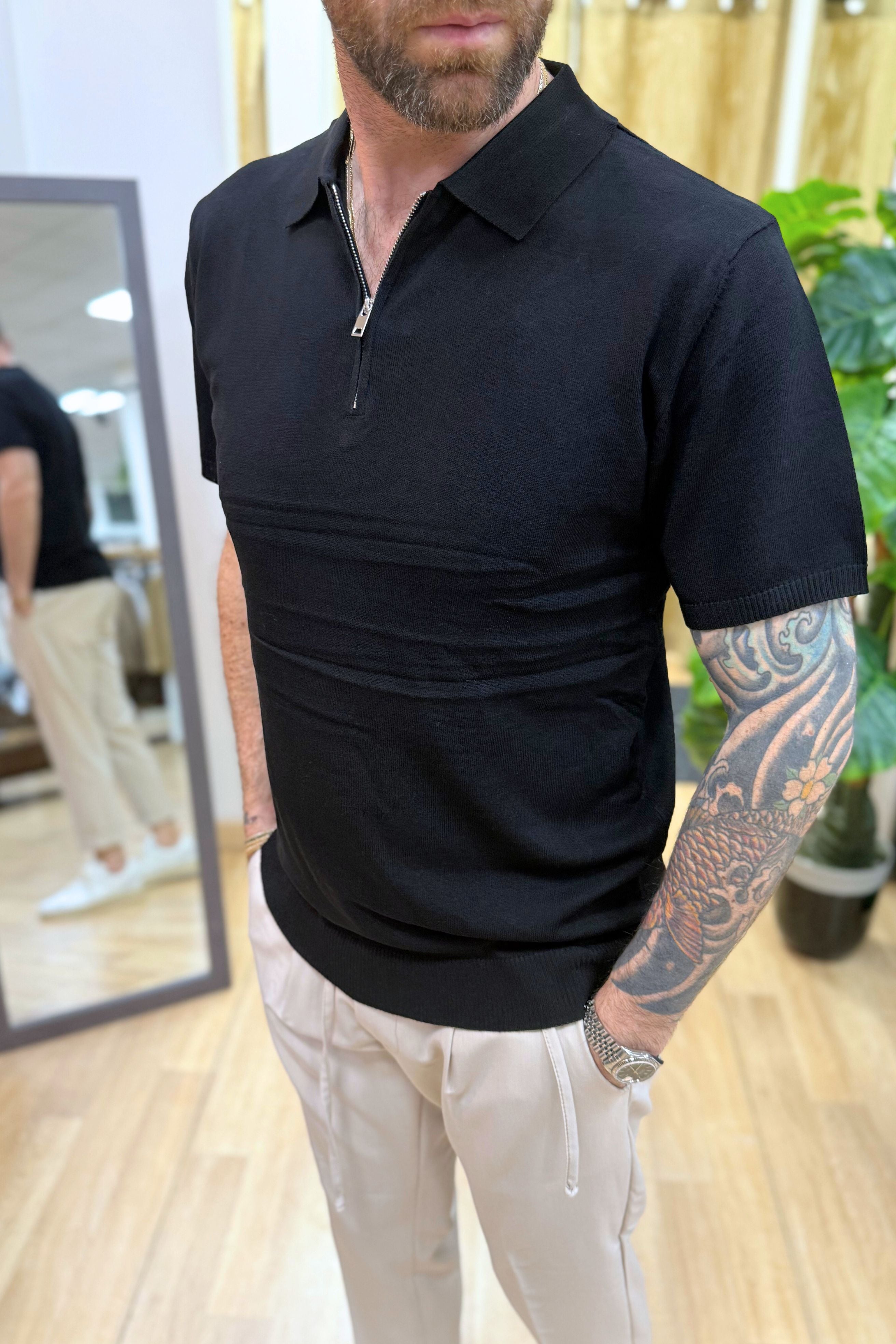 Polo In Filo Con Zip Nero
