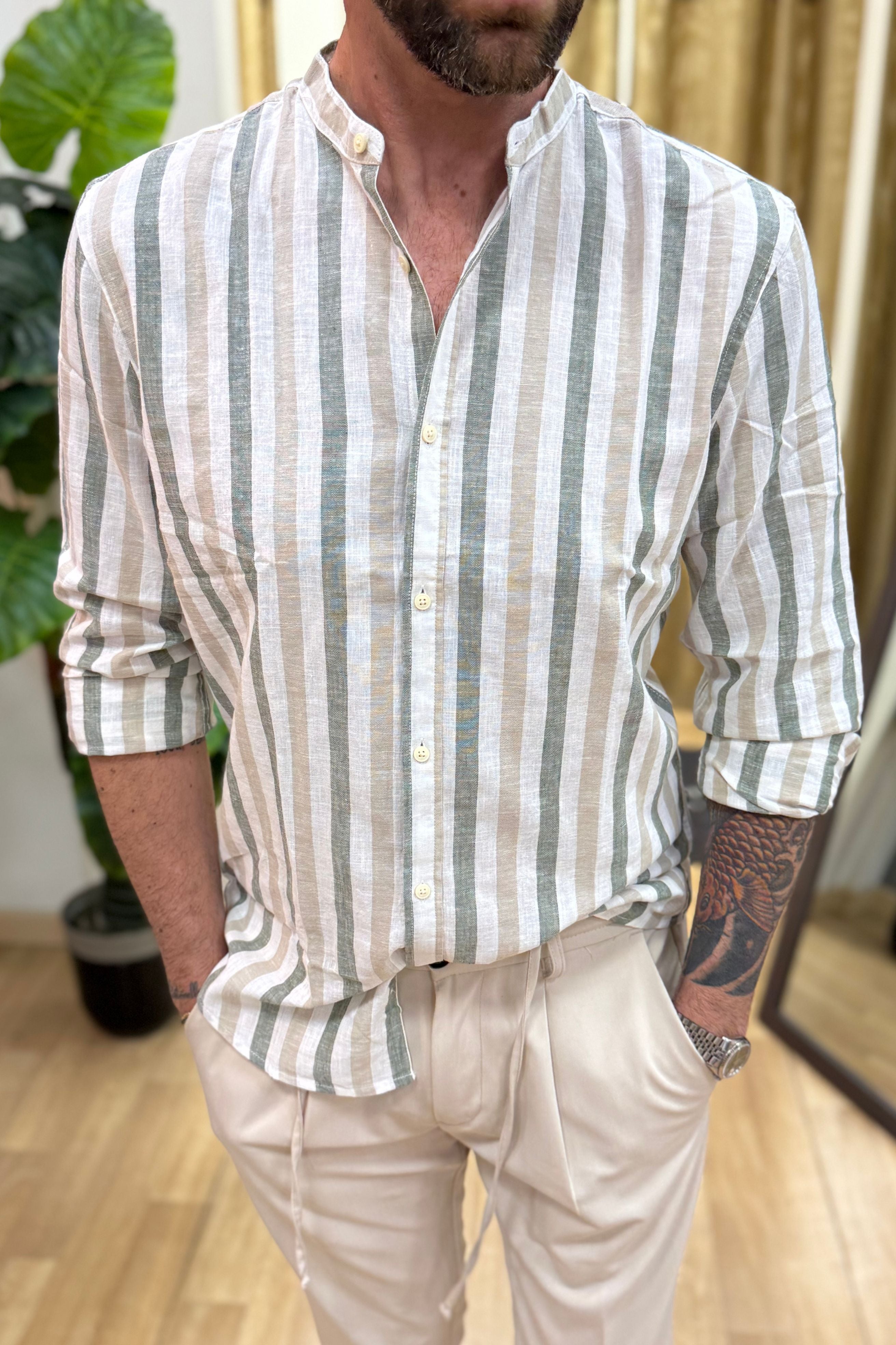 Camicia Lino Rigata Verdone