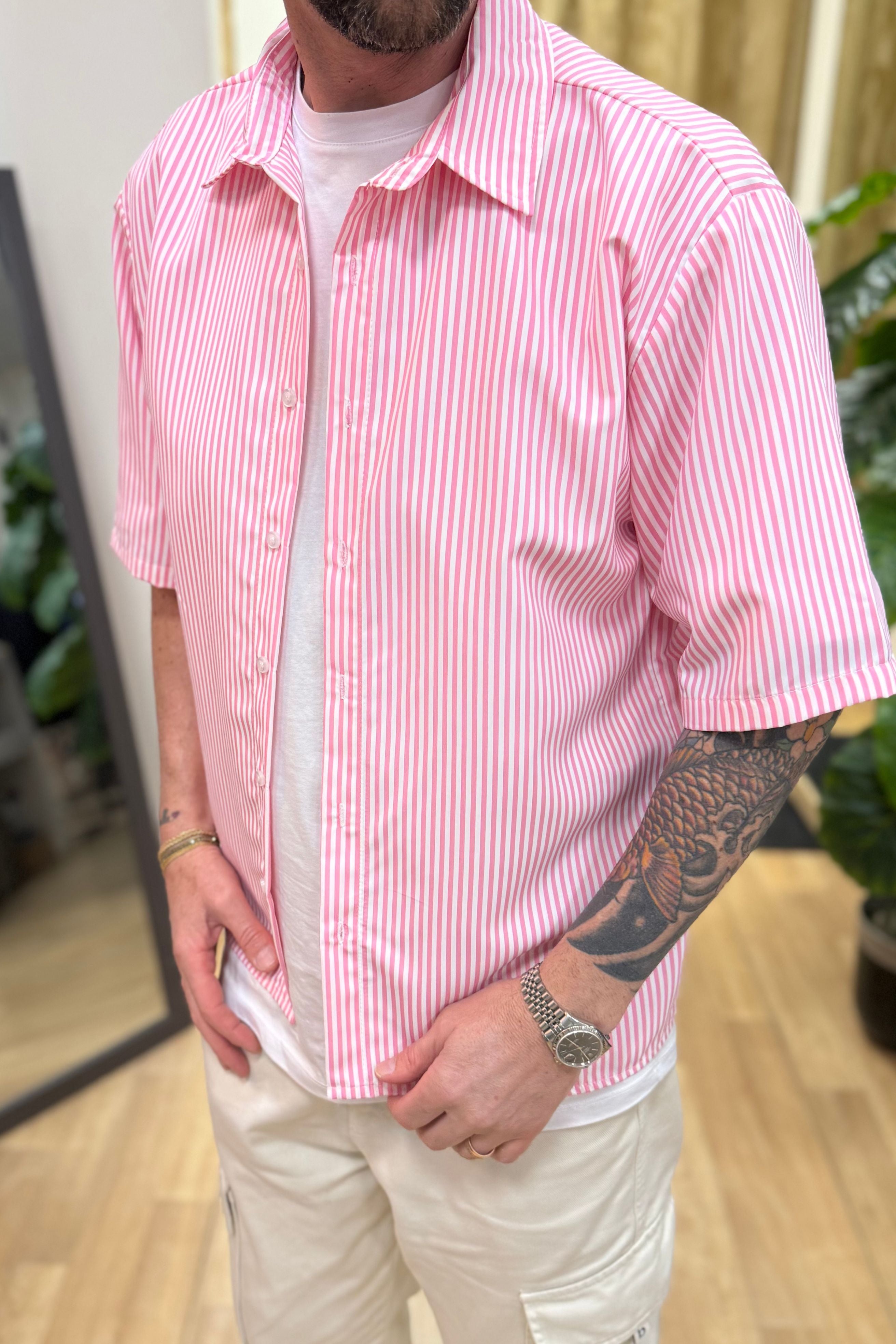 Camicia Mezza Manica Rigata Rosa
