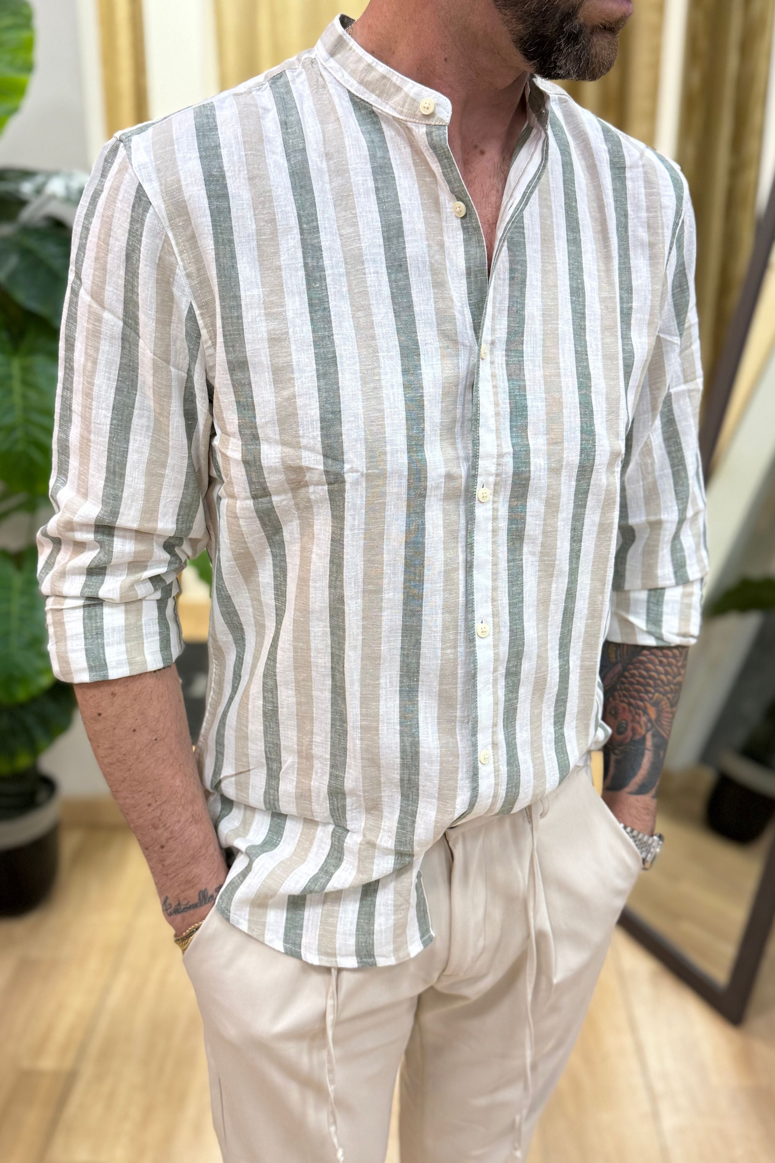 Camicia Lino Rigata Verdone