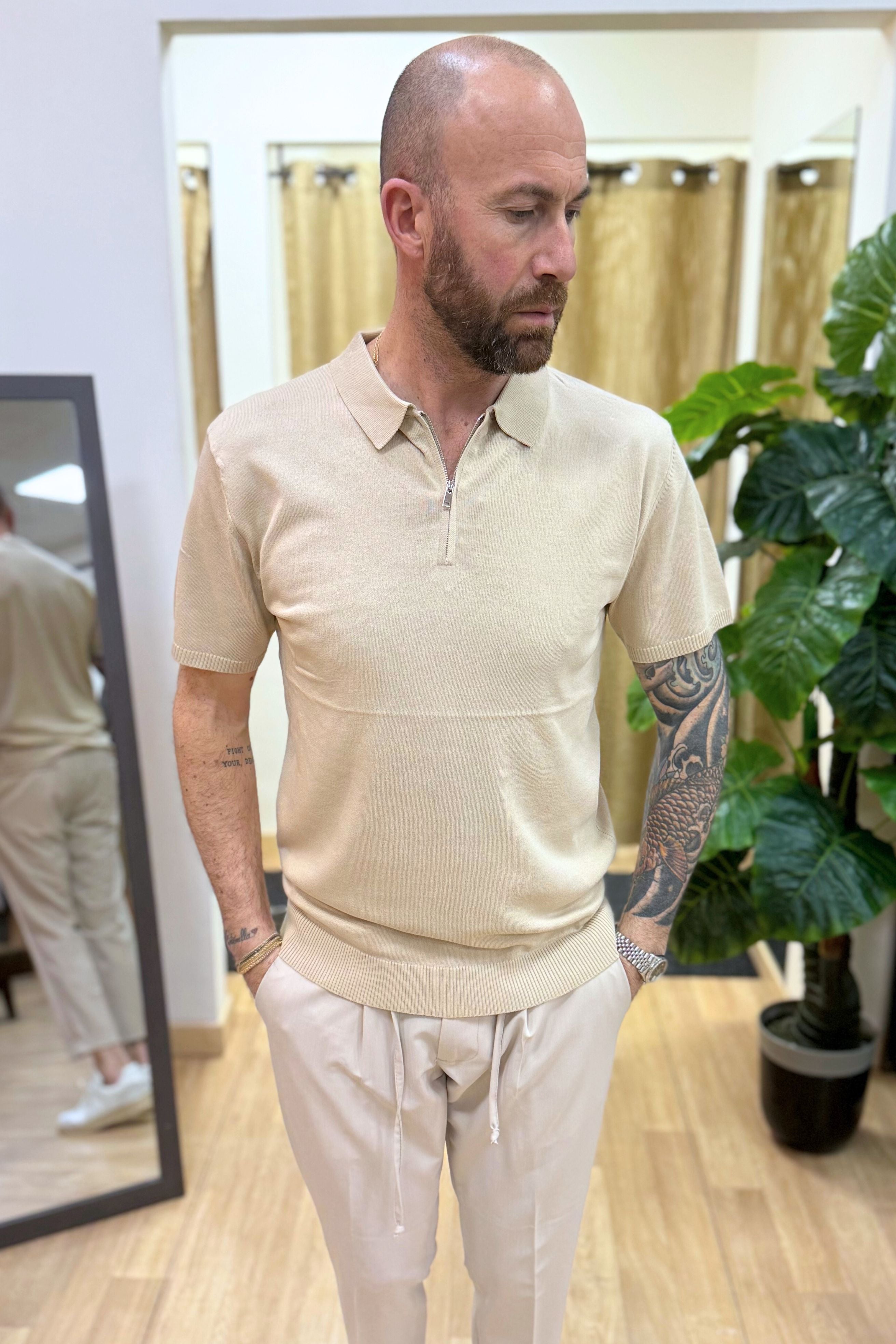 Polo In Filo Con Zip Beige