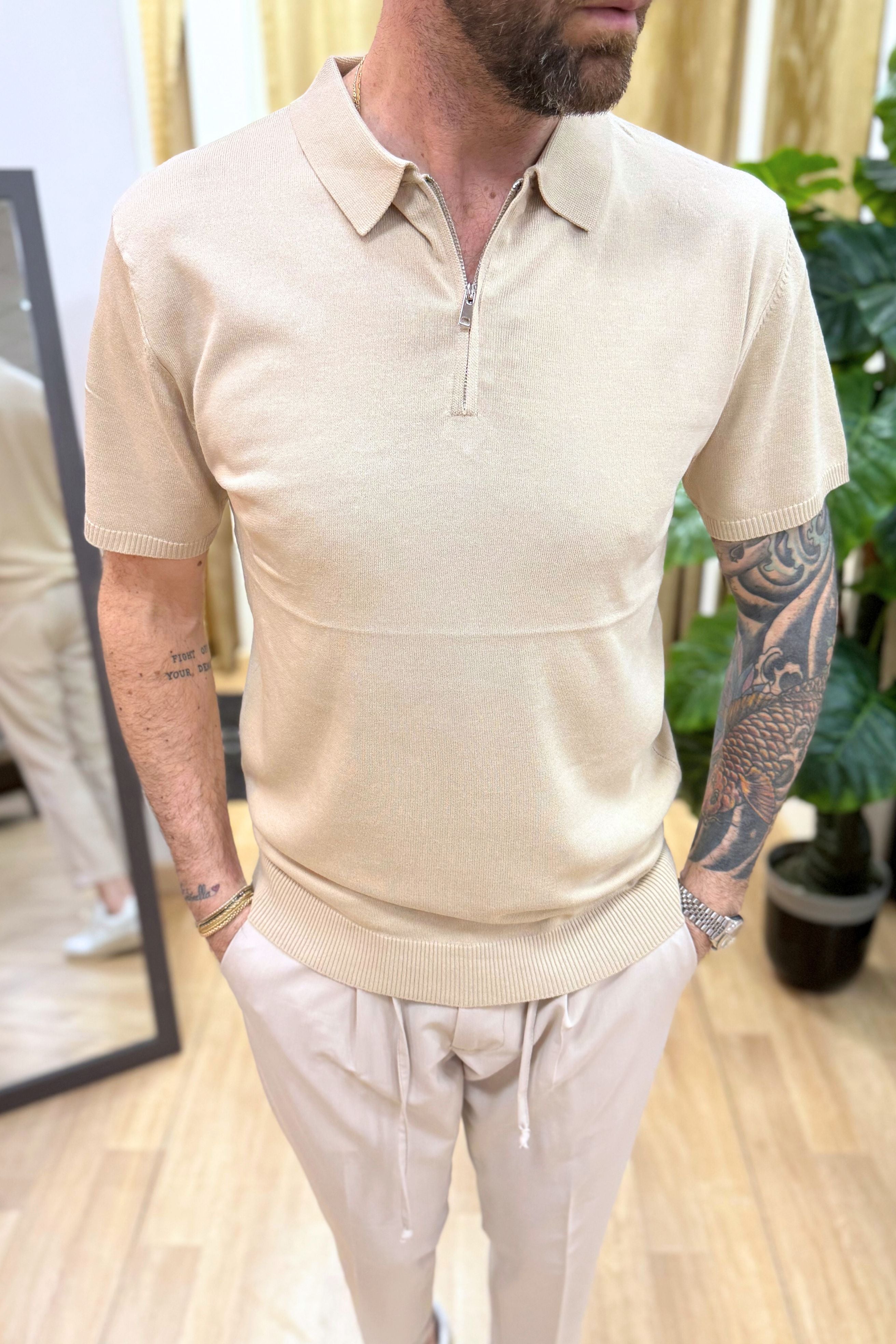 Polo In Filo Con Zip Beige
