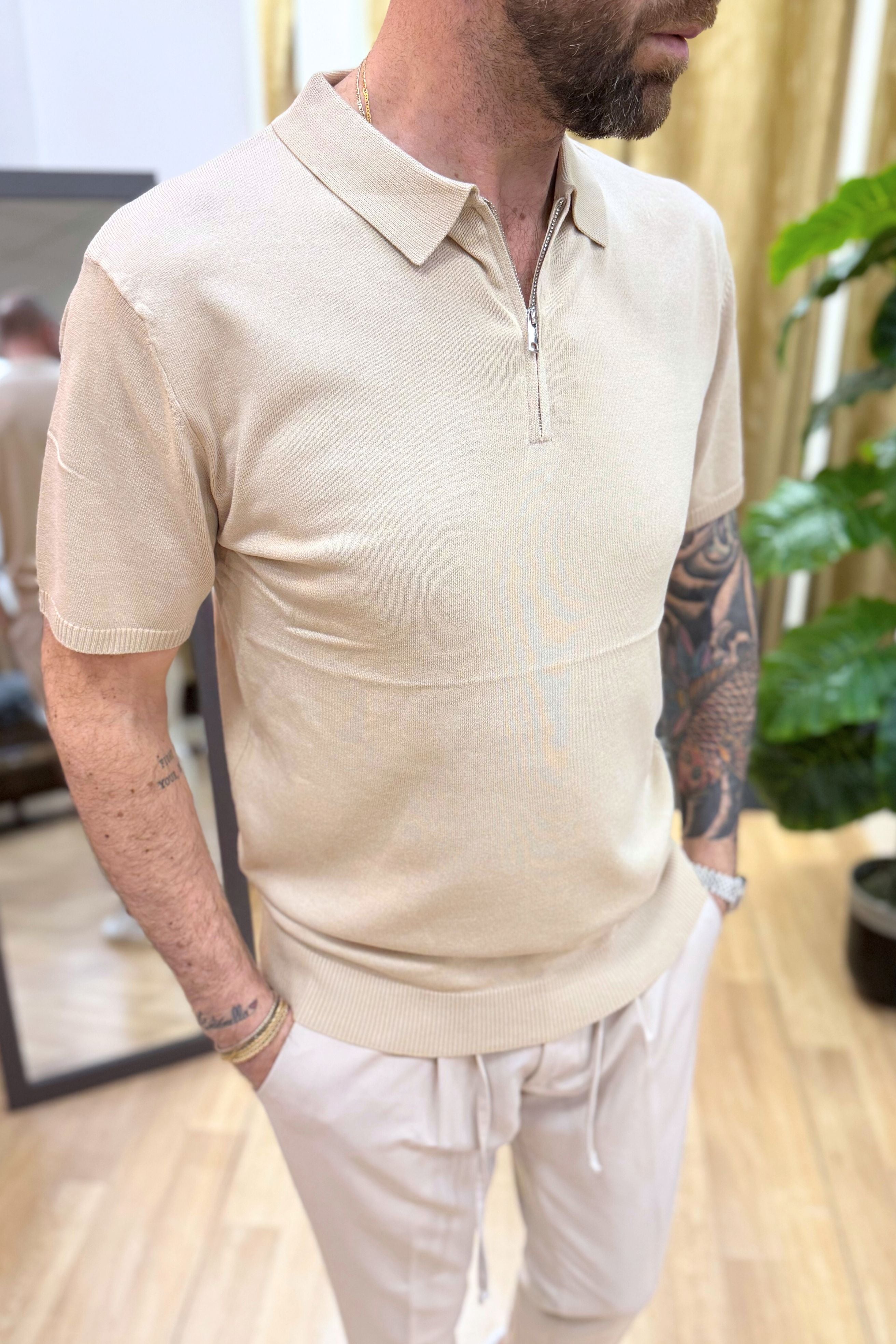 Polo In Filo Con Zip Beige