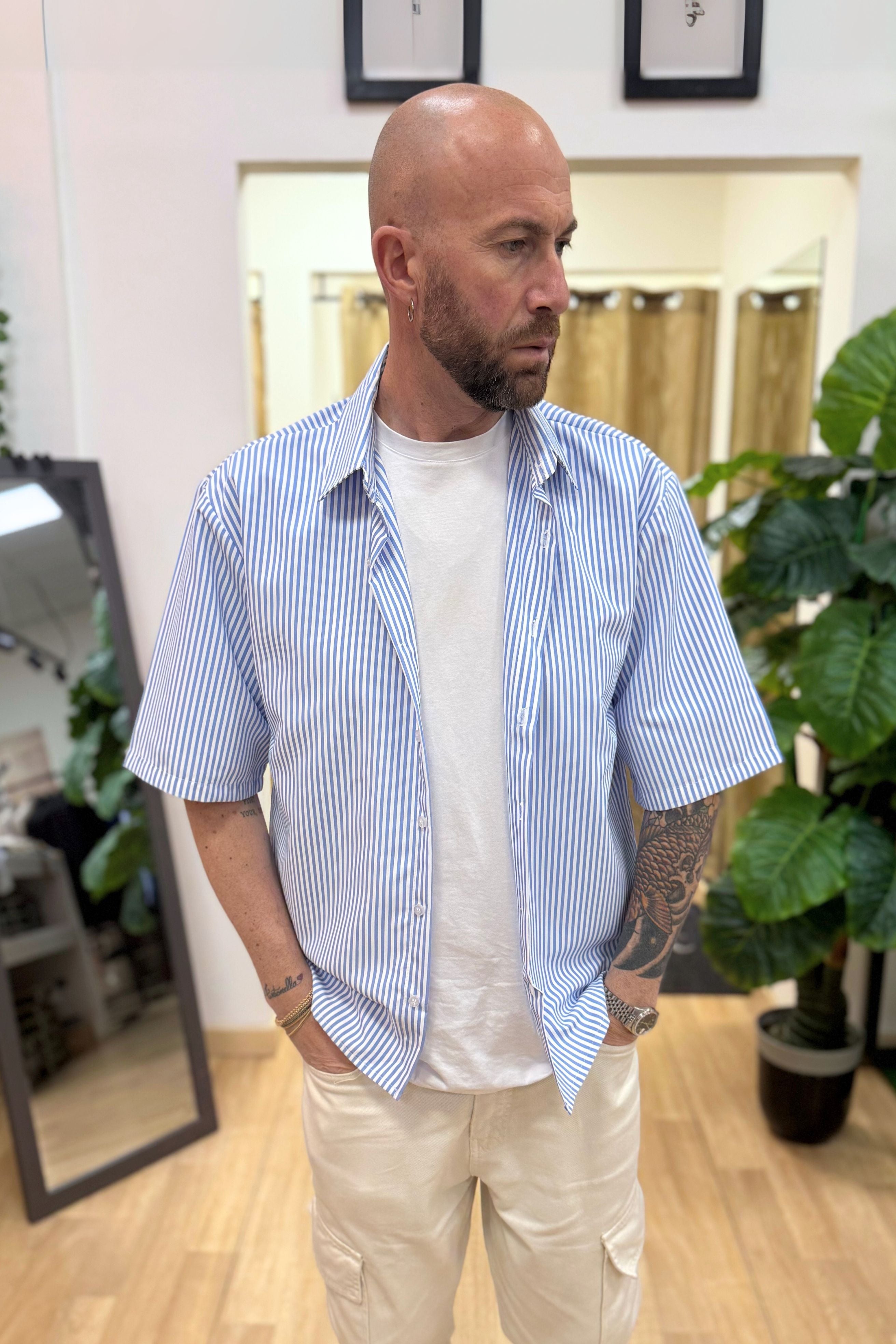 Camicia Mezza Manica Rigata Blu