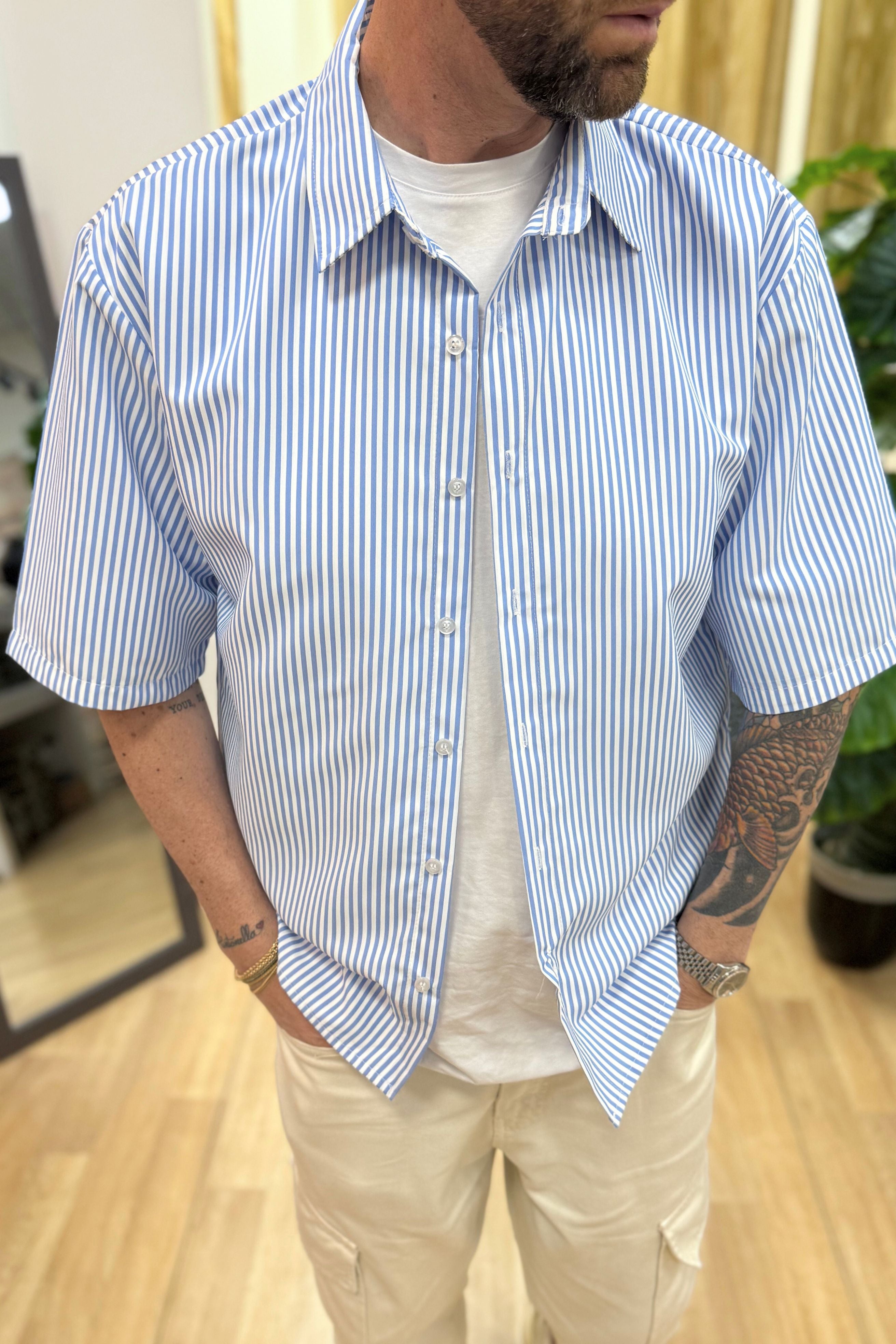 Camicia Mezza Manica Rigata Blu