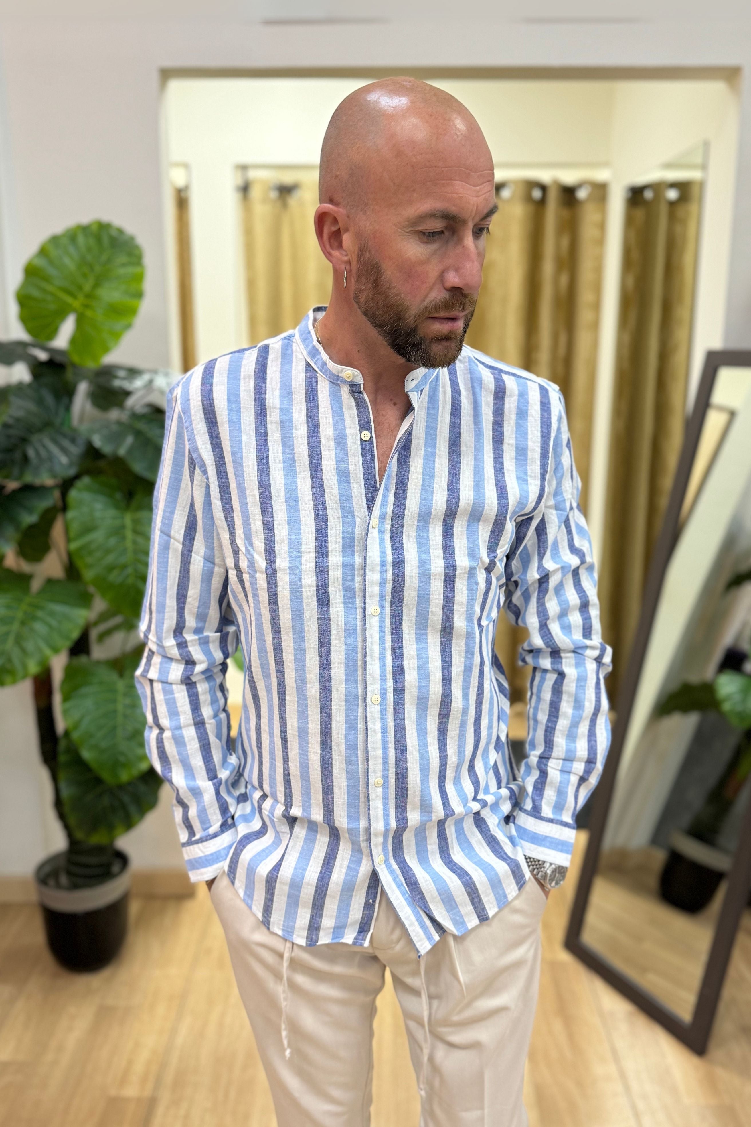 Camicia Lino Rigata Celeste