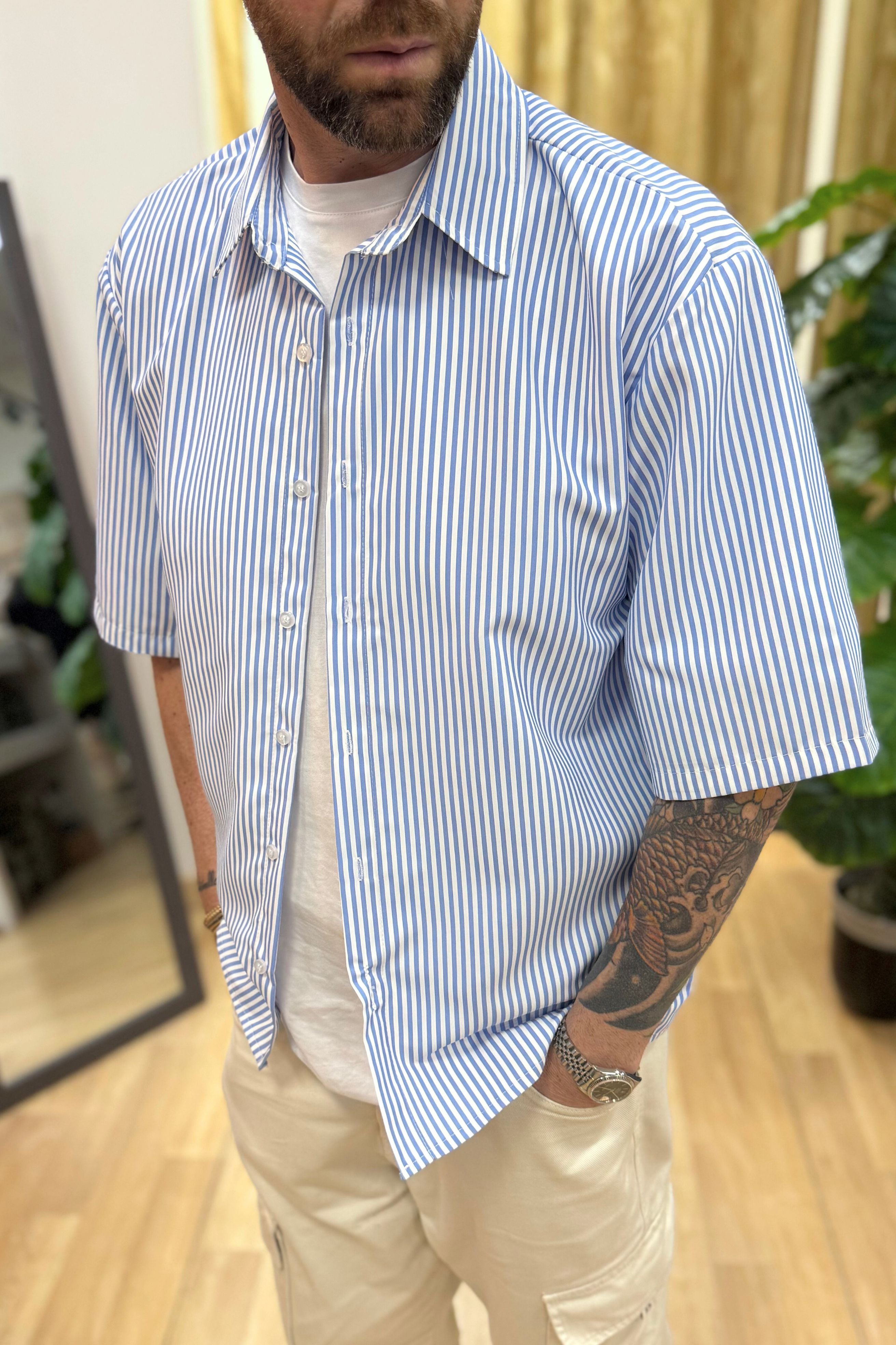 Camicia Mezza Manica Rigata Blu