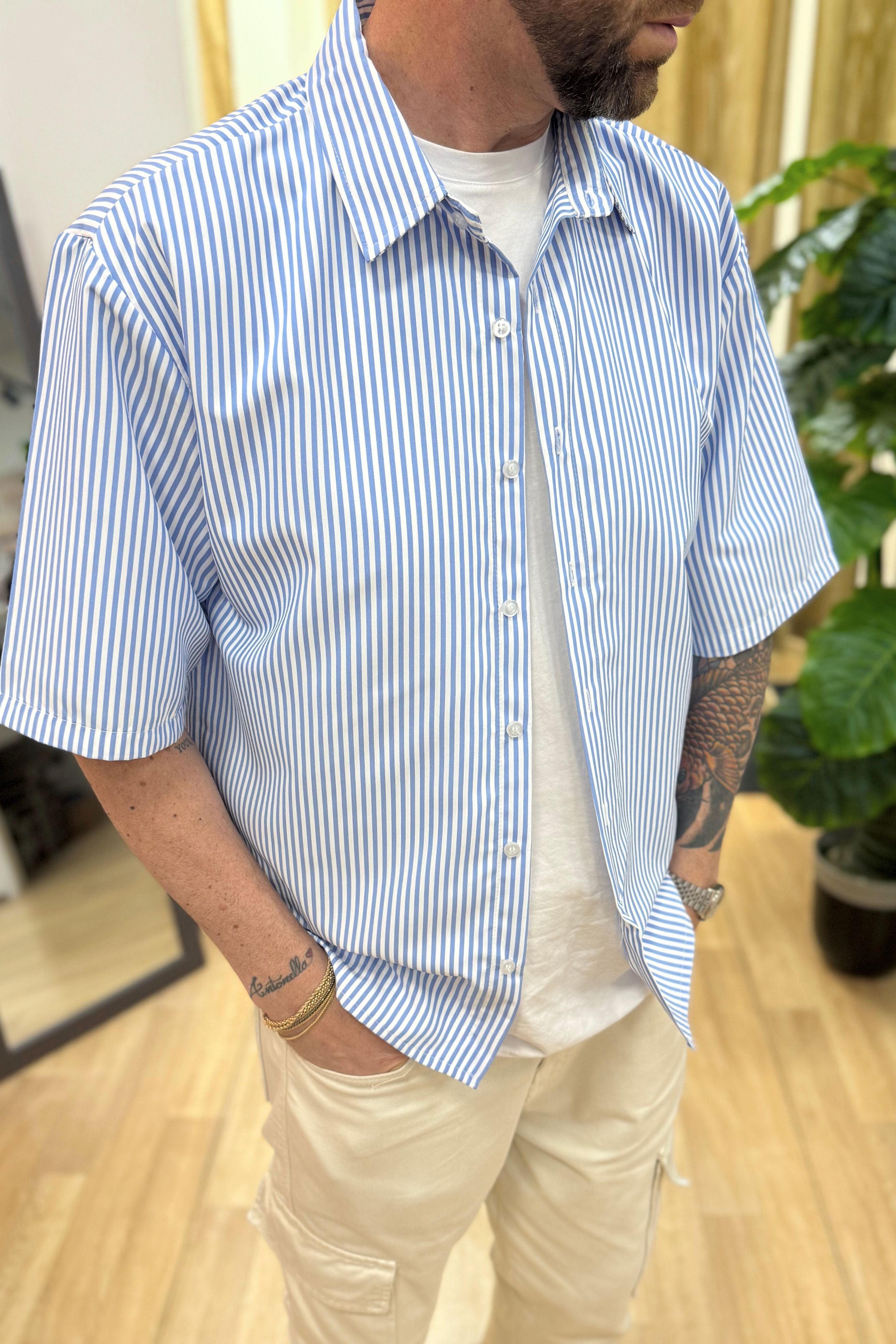 Camicia Mezza Manica Rigata Blu