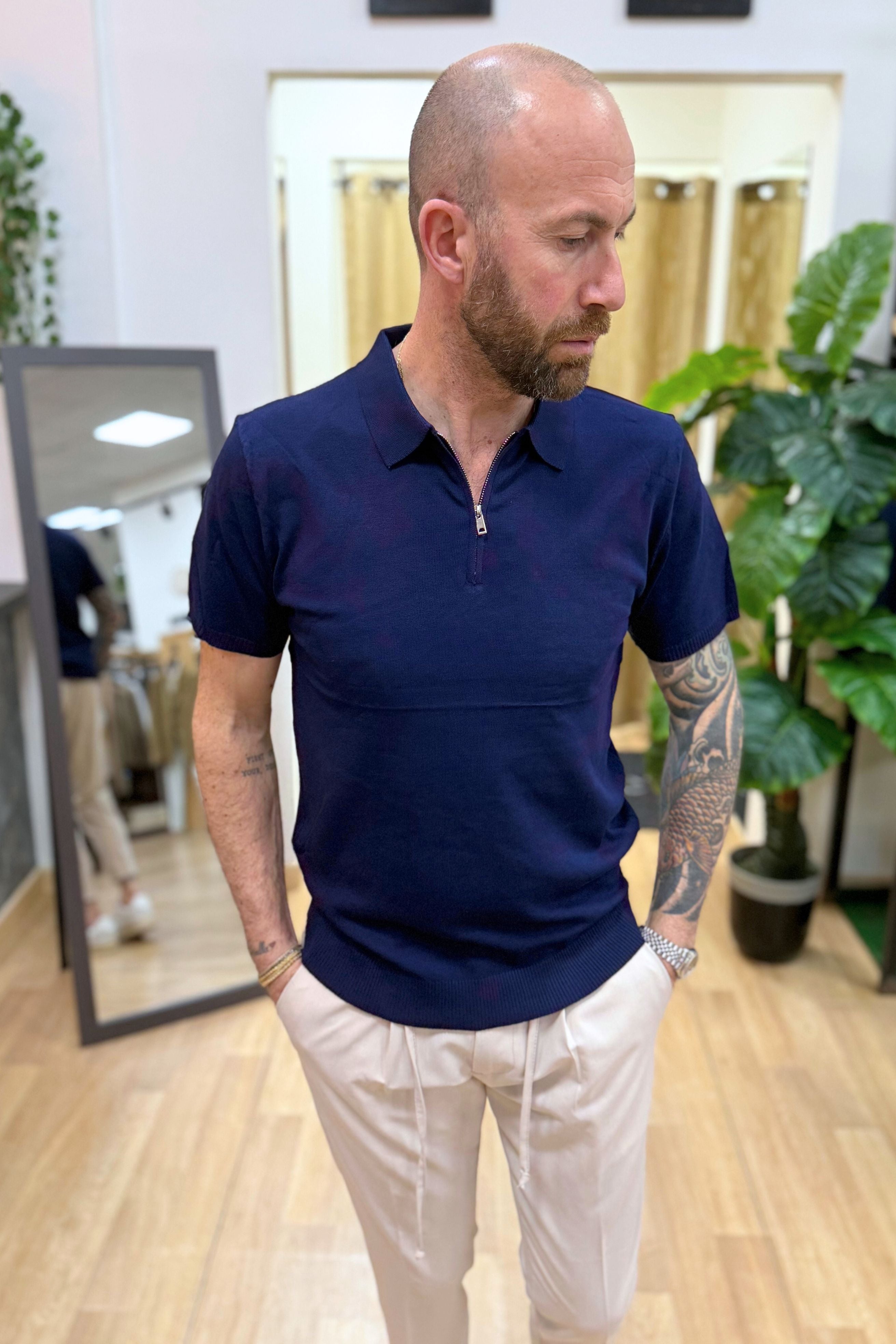 Polo In Filo Con Zip Blu