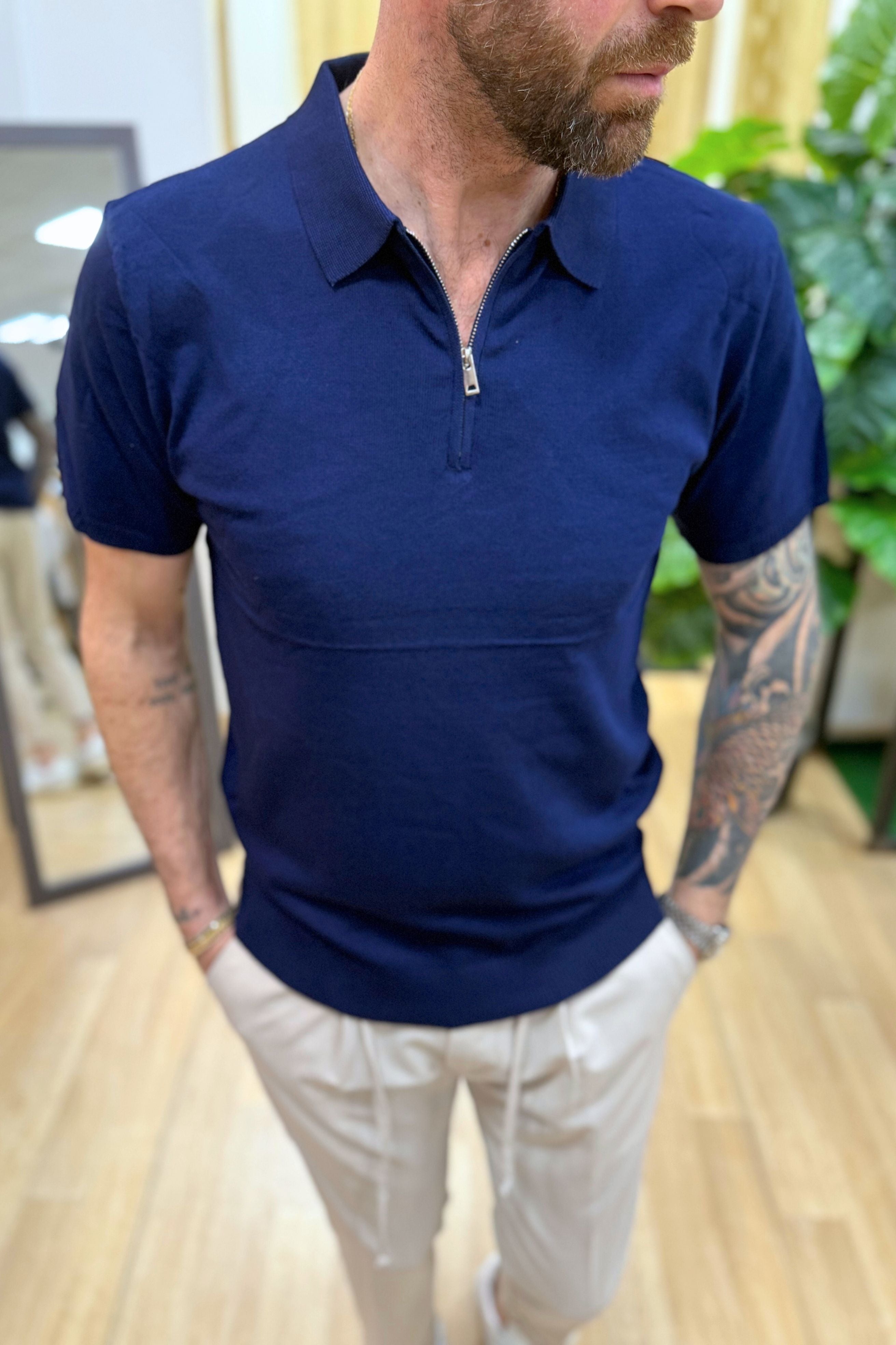 Polo In Filo Con Zip Blu
