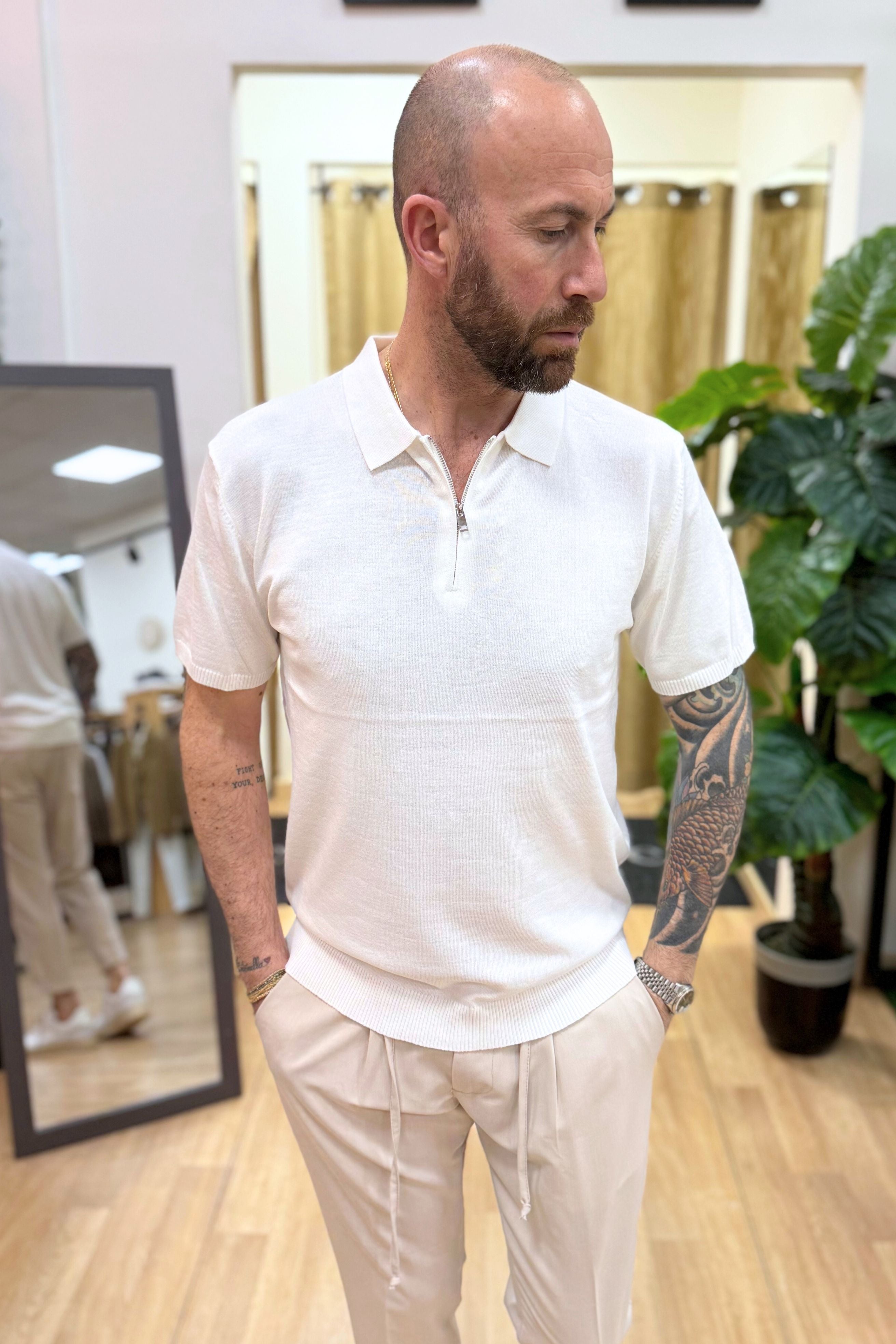 Polo In Filo Con Zip Bianco