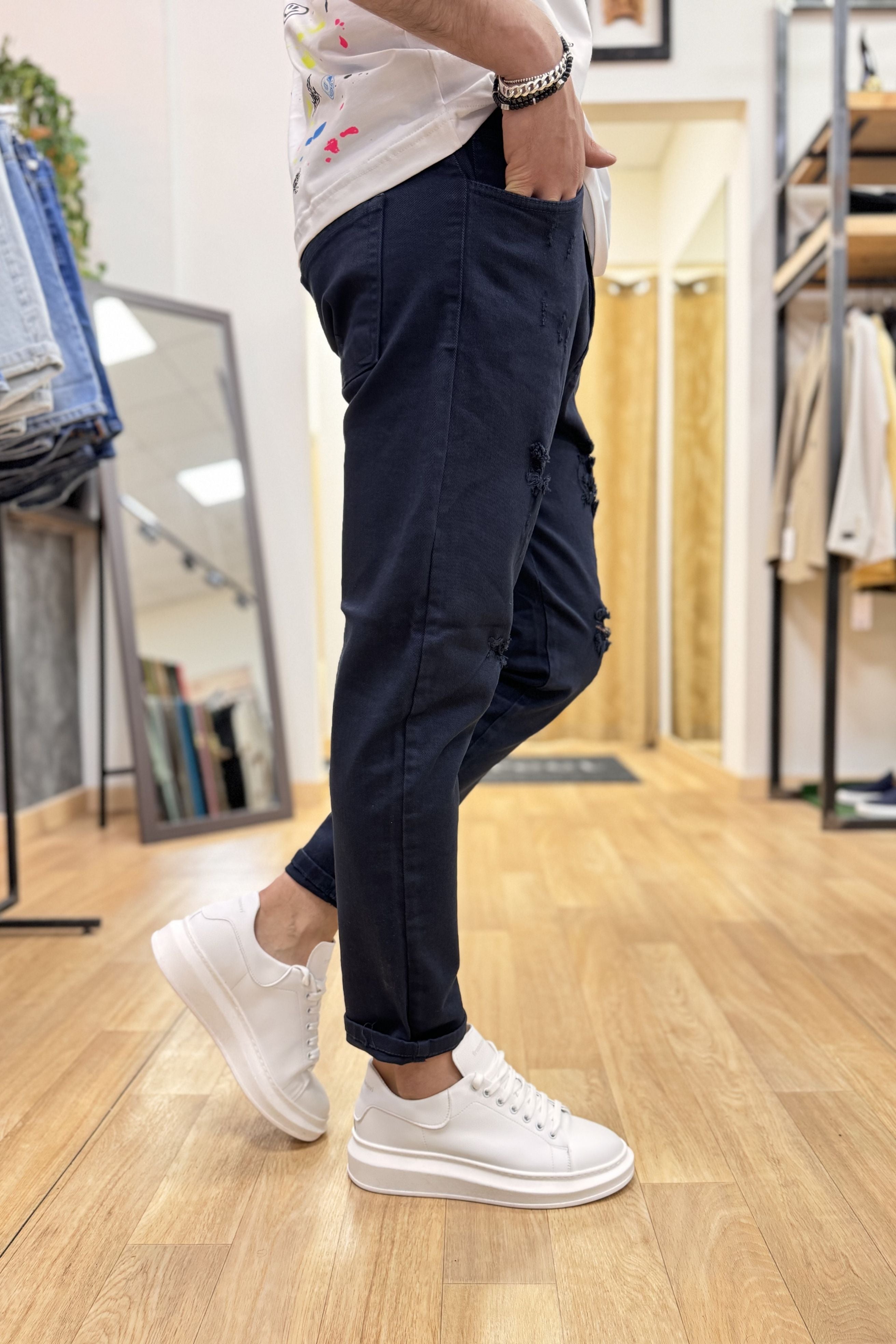 Jeans Cr Piccoli Strappi Blu