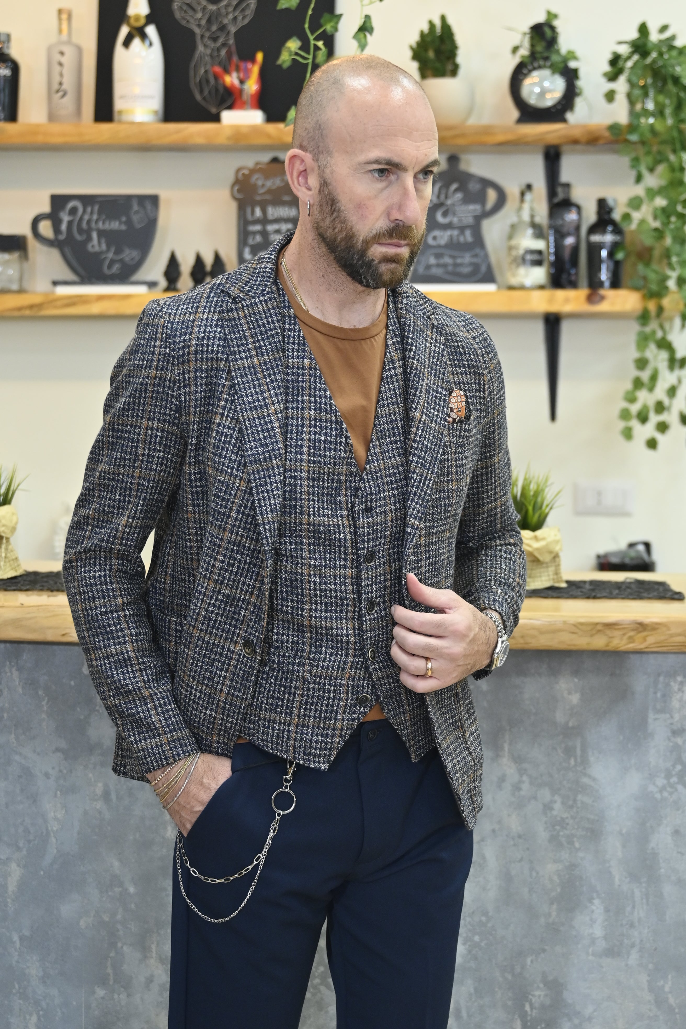Giacca in Maglina Quadrettata Blu