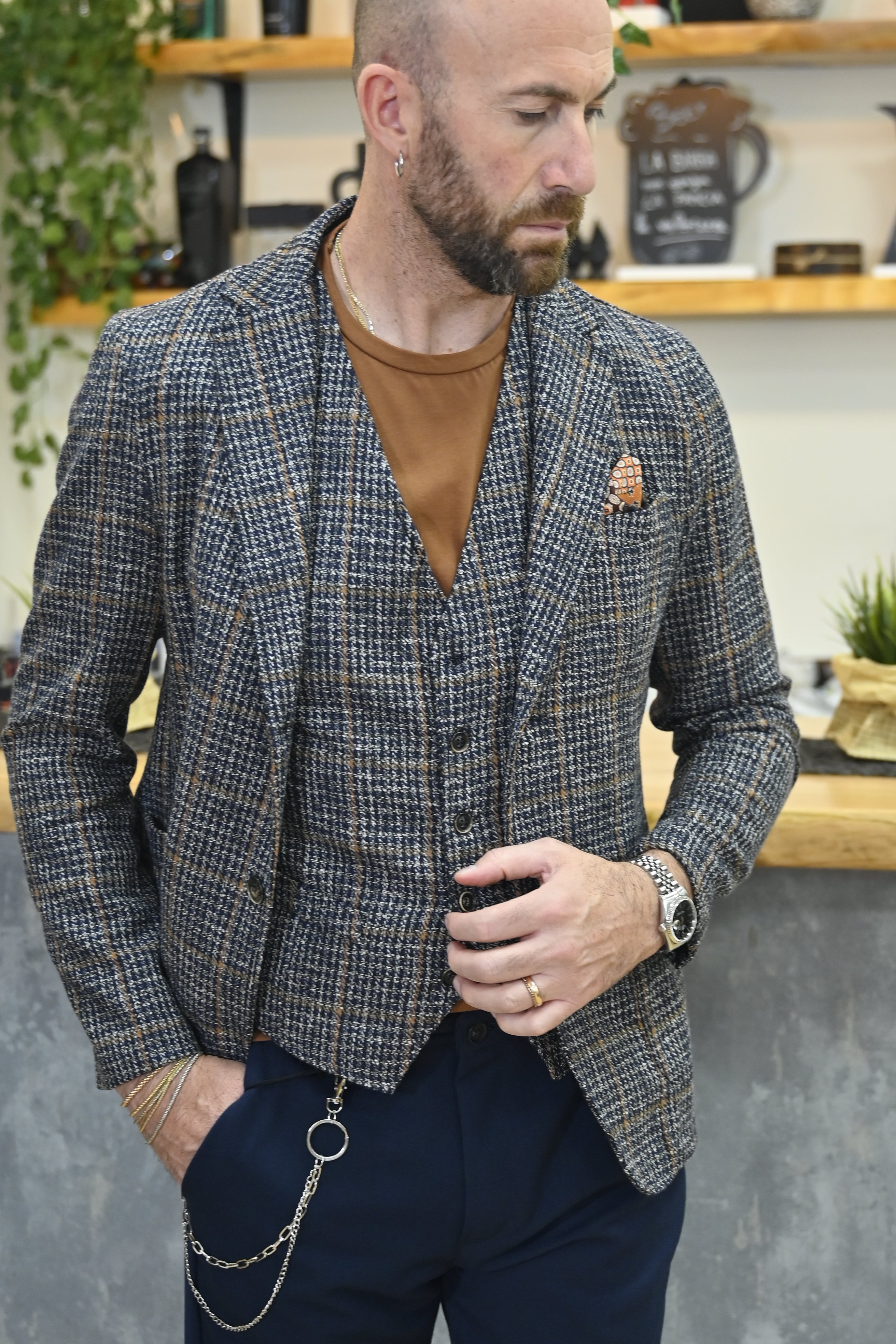 Giacca in Maglina Quadrettata Blu