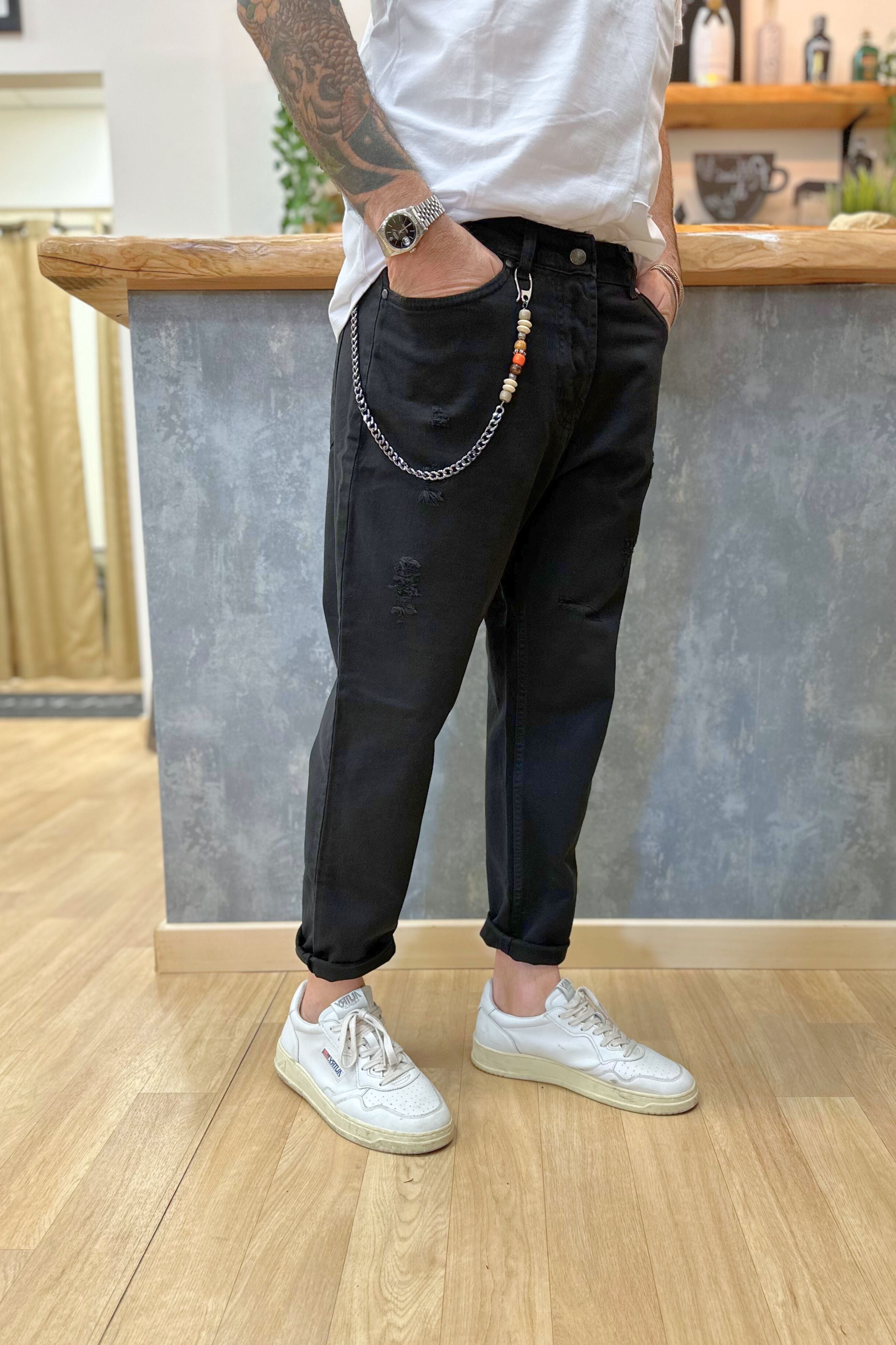 Jeans Nero A Strappi
