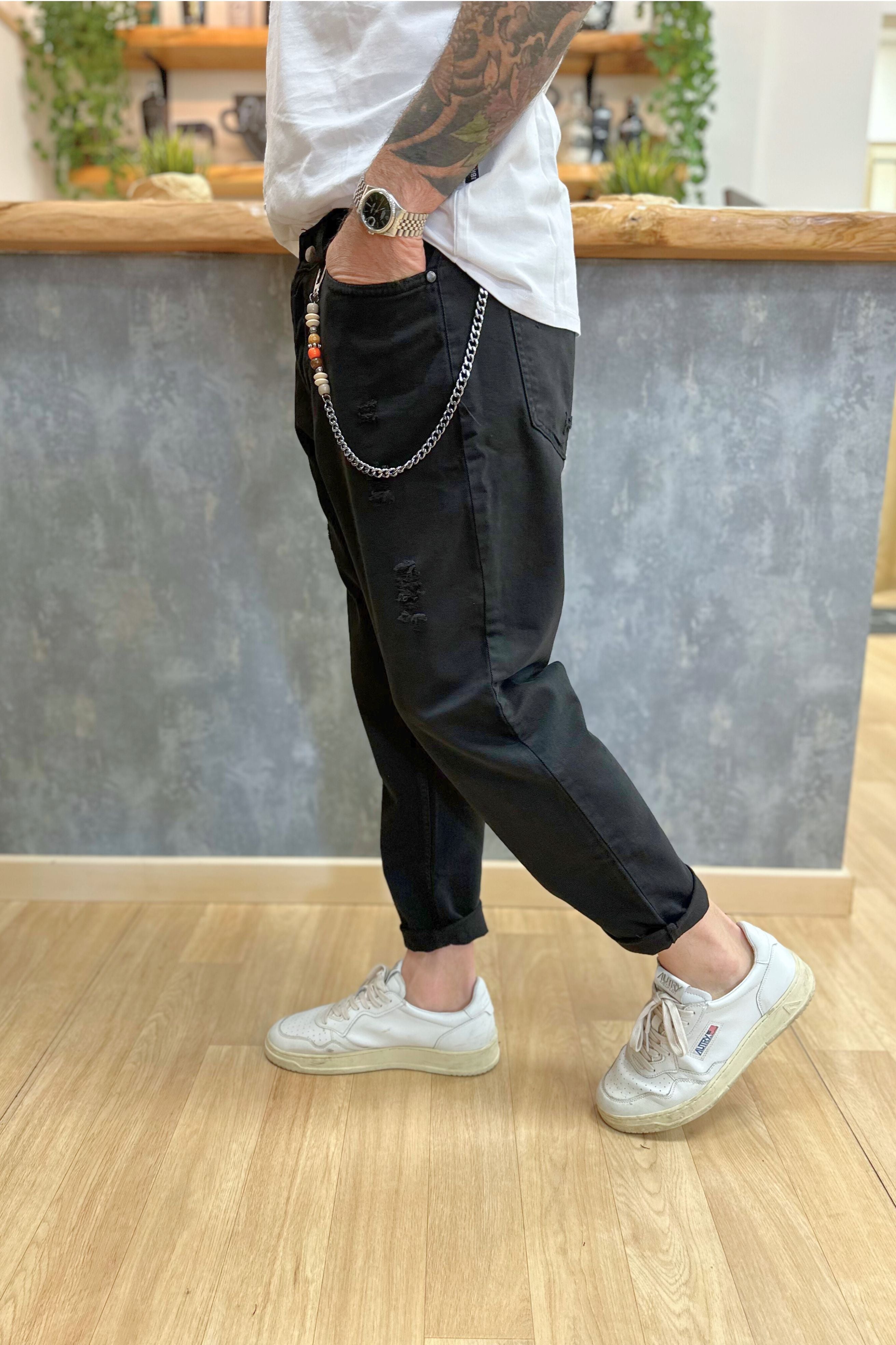 Jeans Nero A Strappi